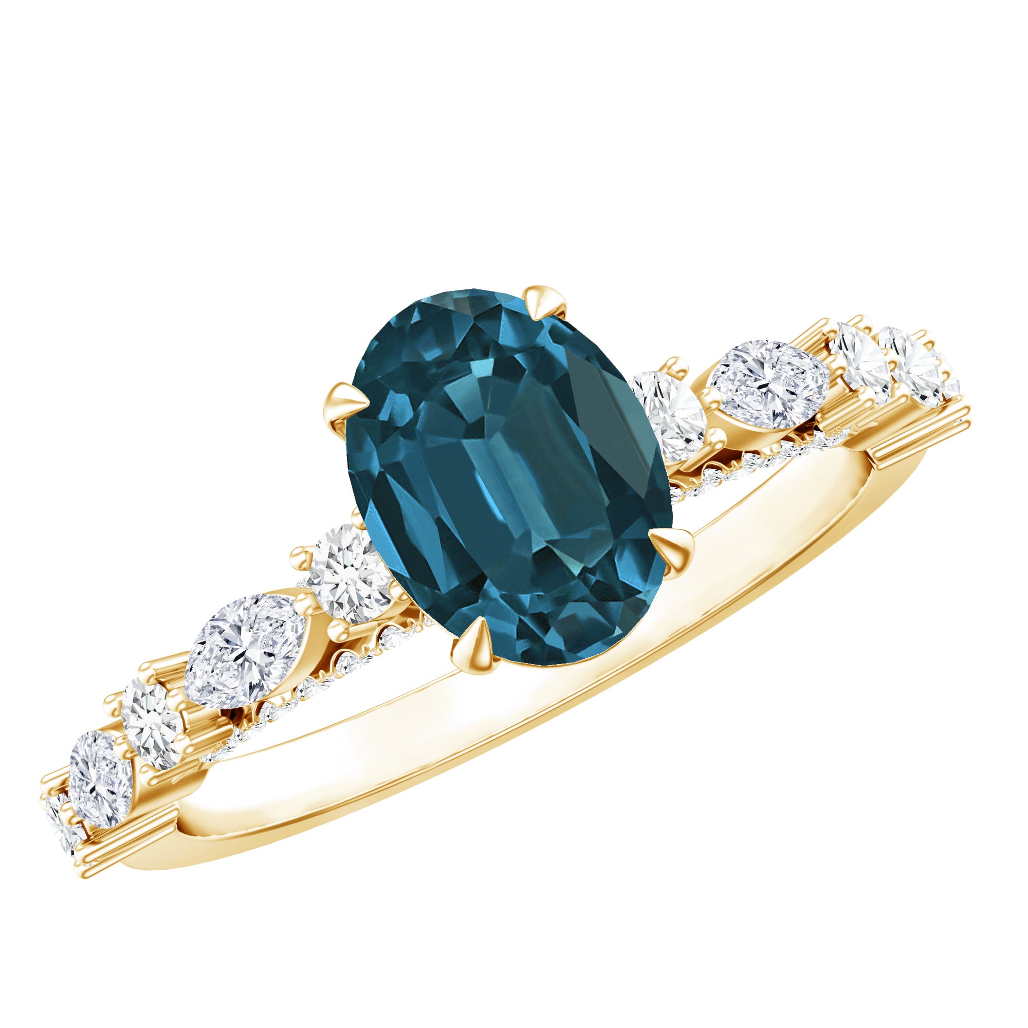 6X8mm Oval Cut London Blue Topaz Vintage Engagement Ring with Real Diamond AAA - Rosec Jewels
