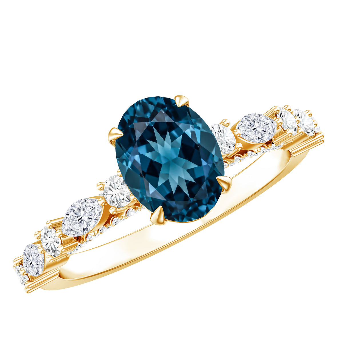 1 Carat Oval Cut London Blue Topaz Engagement Ring with Diamond Accent AAA - Rosec Jewels