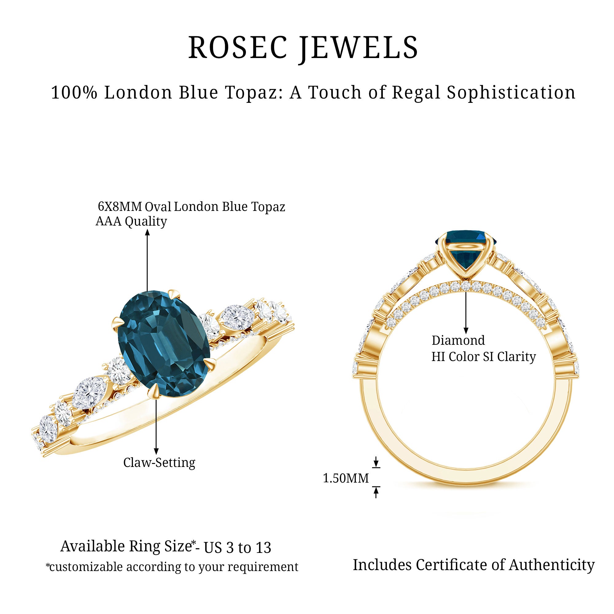 6X8mm Oval Cut London Blue Topaz Vintage Engagement Ring with Real Diamond AAA - Rosec Jewels