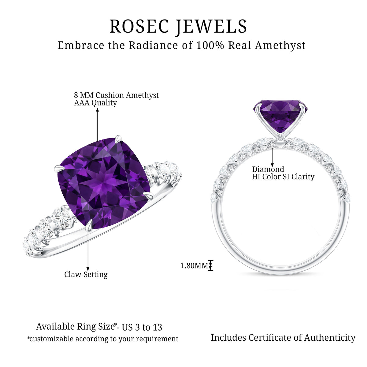 2 Carat Amethyst Cushion Cut Engagement Ring with Diamond AAA - Rosec Jewels