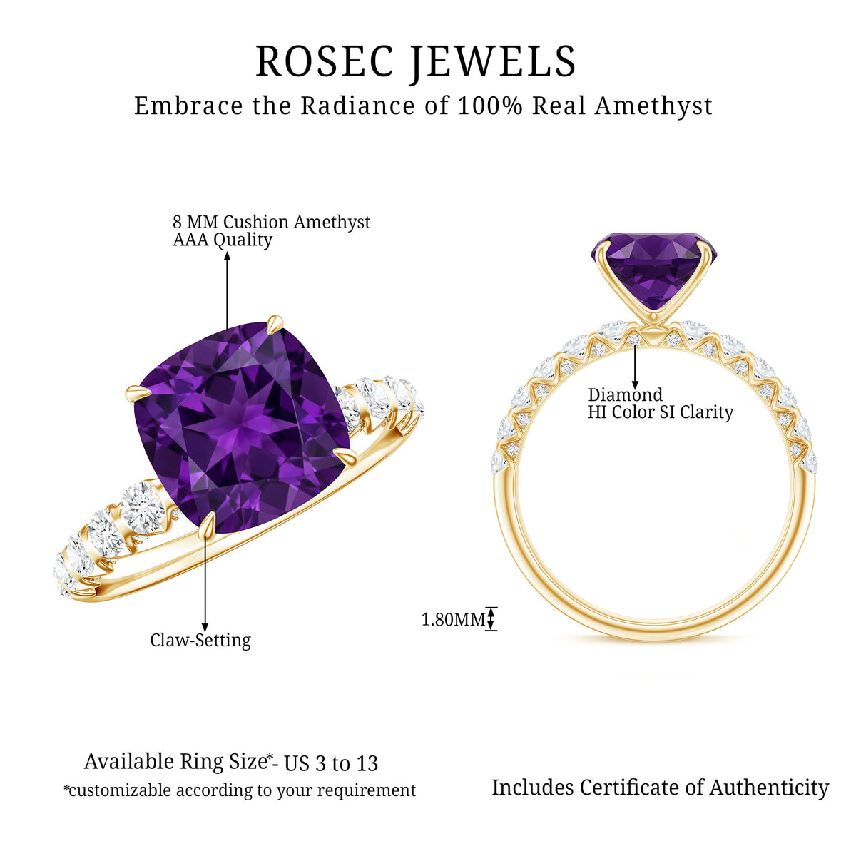 2 Carat Amethyst Cushion Cut Engagement Ring with Diamond AAA - Rosec Jewels