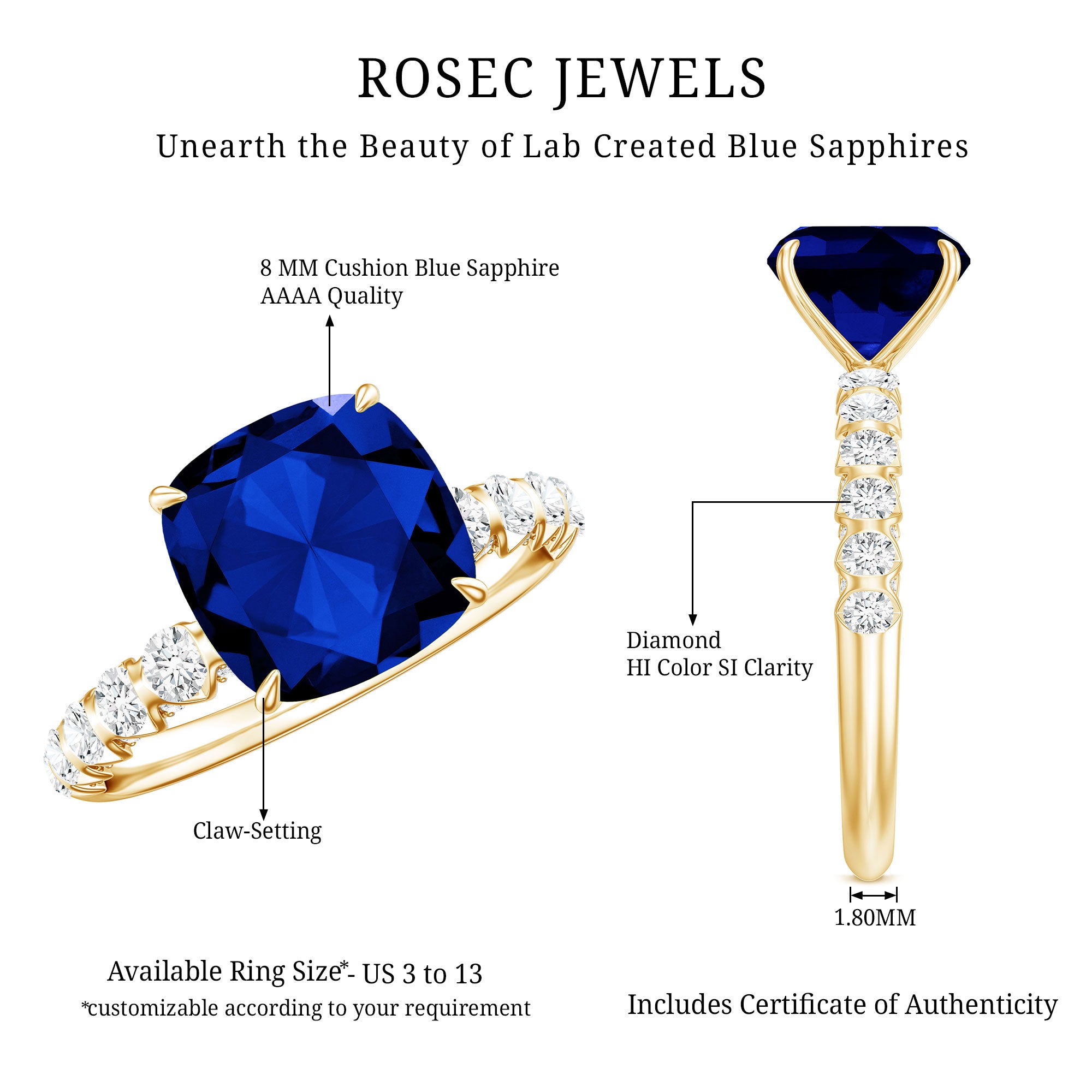 Classic 2.75 Carat Lab Grown Blue Sapphire Cushion Cut Engagement Ring with Diamond AAAA - Rosec Jewels