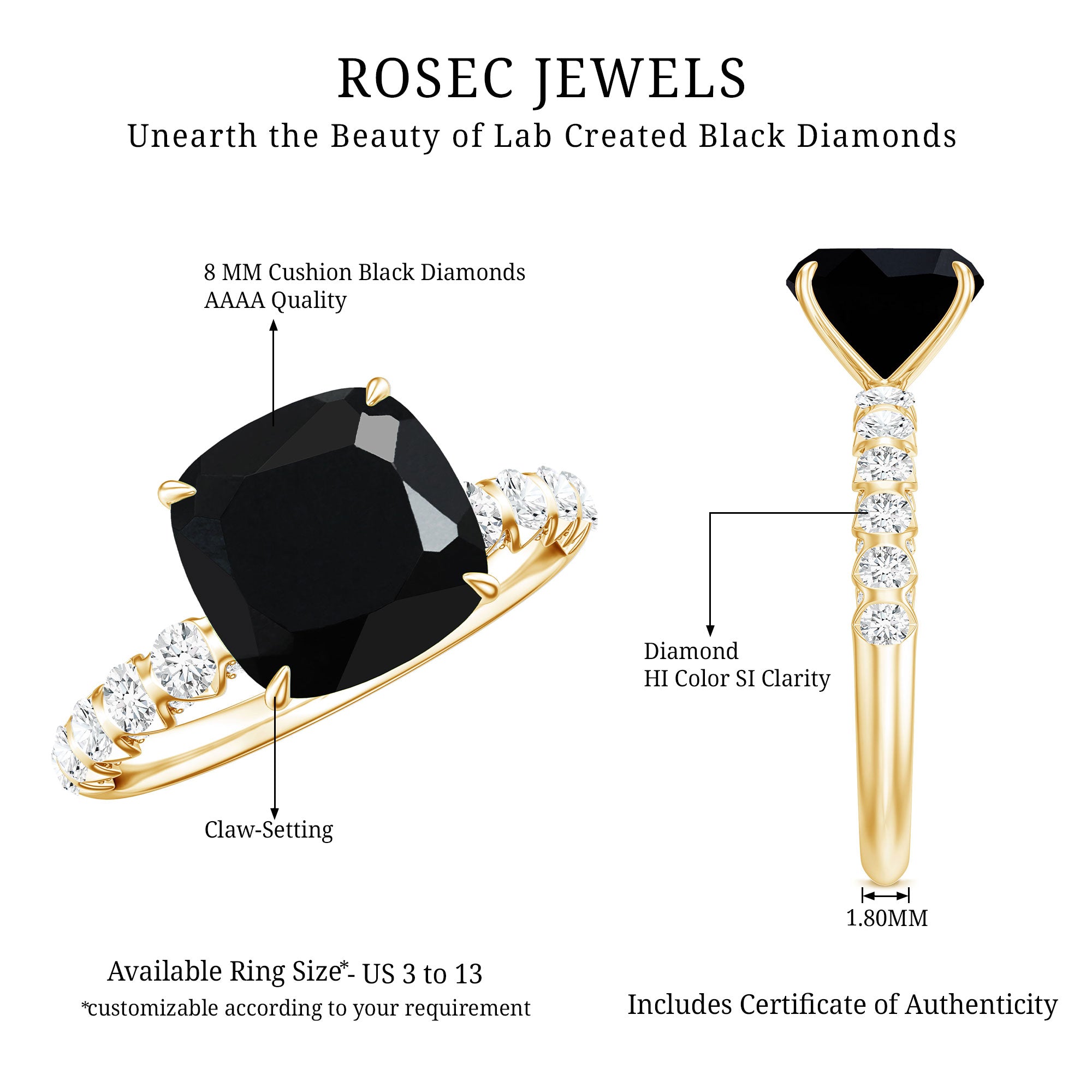 Cushion Cut Created Black Diamond and Diamond Solitaire Ring AAAA ( Synthetic ) - Rosec Jewels