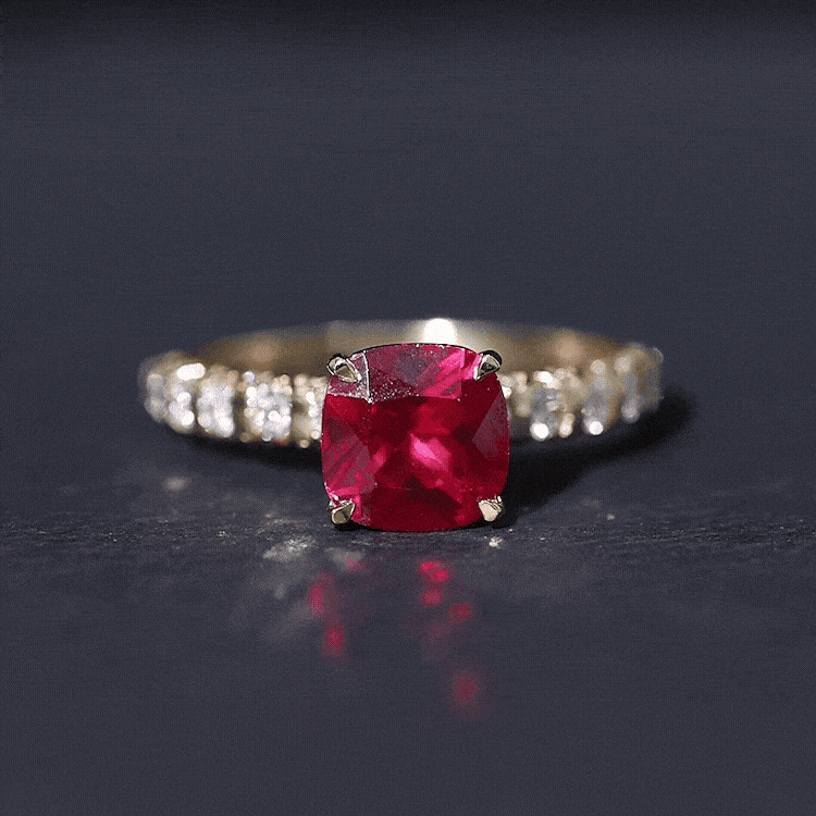 2 Carat Cushion Cut Lab Created Ruby Engagement Ring with Diamond Side Stones AAAA - Rosec Jewels