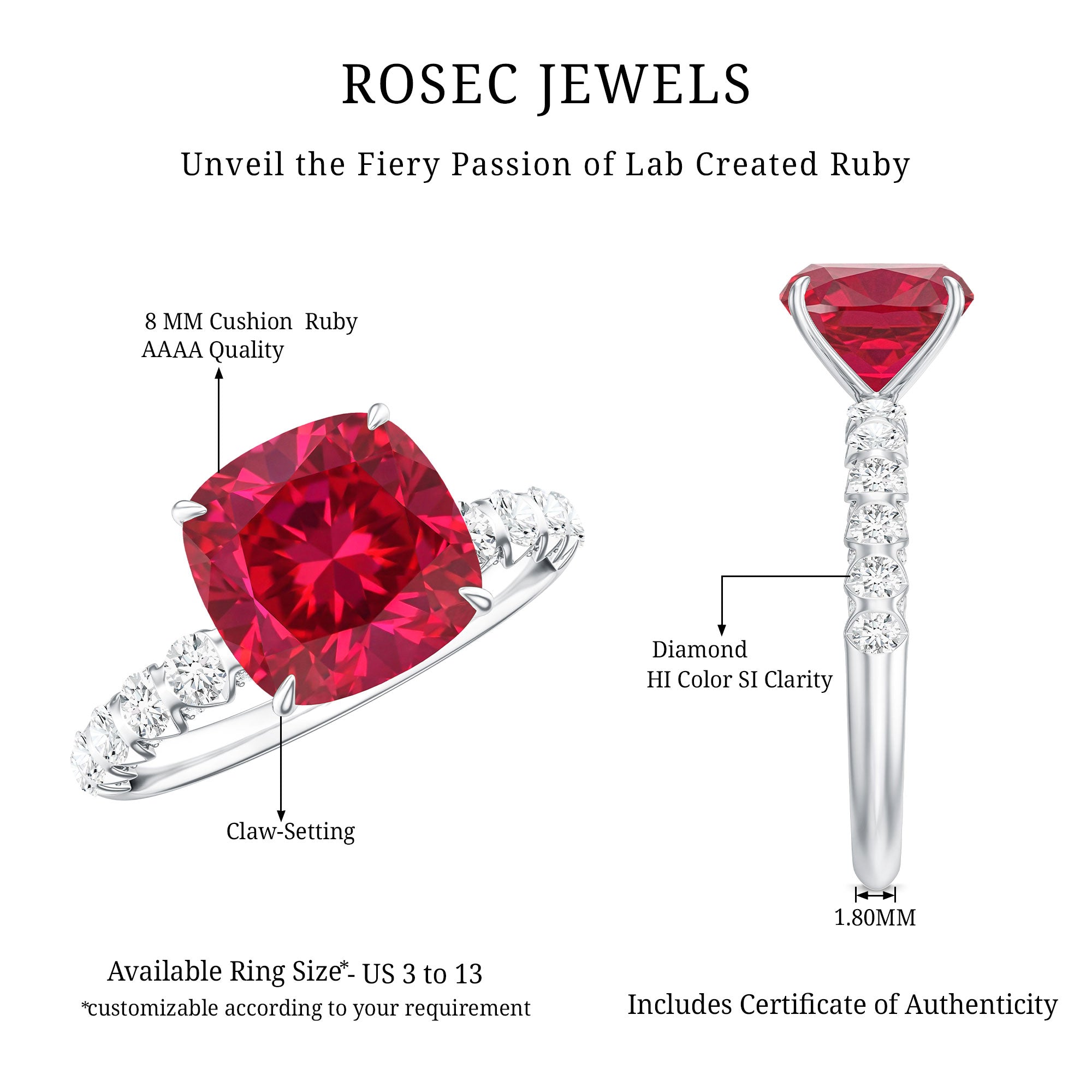2 Carat Cushion Cut Lab Created Ruby Engagement Ring with Diamond Side Stones AAAA - Rosec Jewels