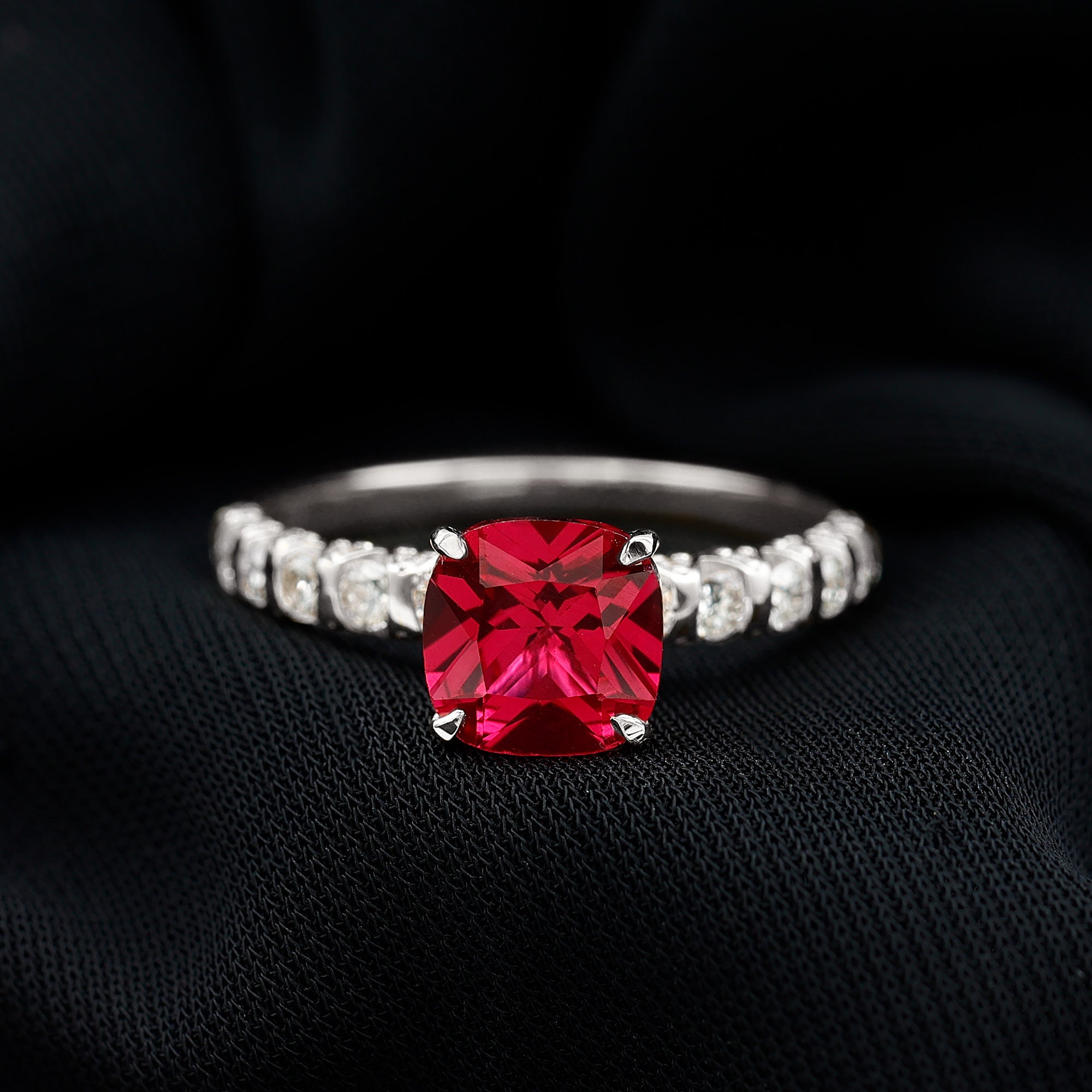 2 Carat Cushion Cut Lab Created Ruby Engagement Ring with Diamond Side Stones AAAA - Rosec Jewels