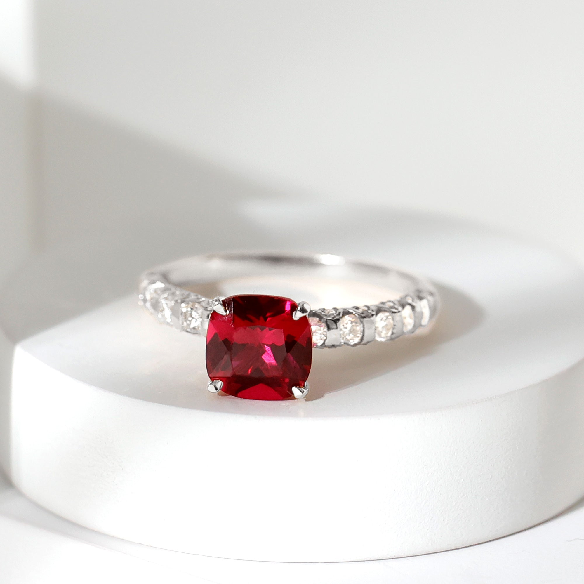 2 Carat Cushion Cut Lab Created Ruby Engagement Ring with Diamond Side Stones AAAA - Rosec Jewels