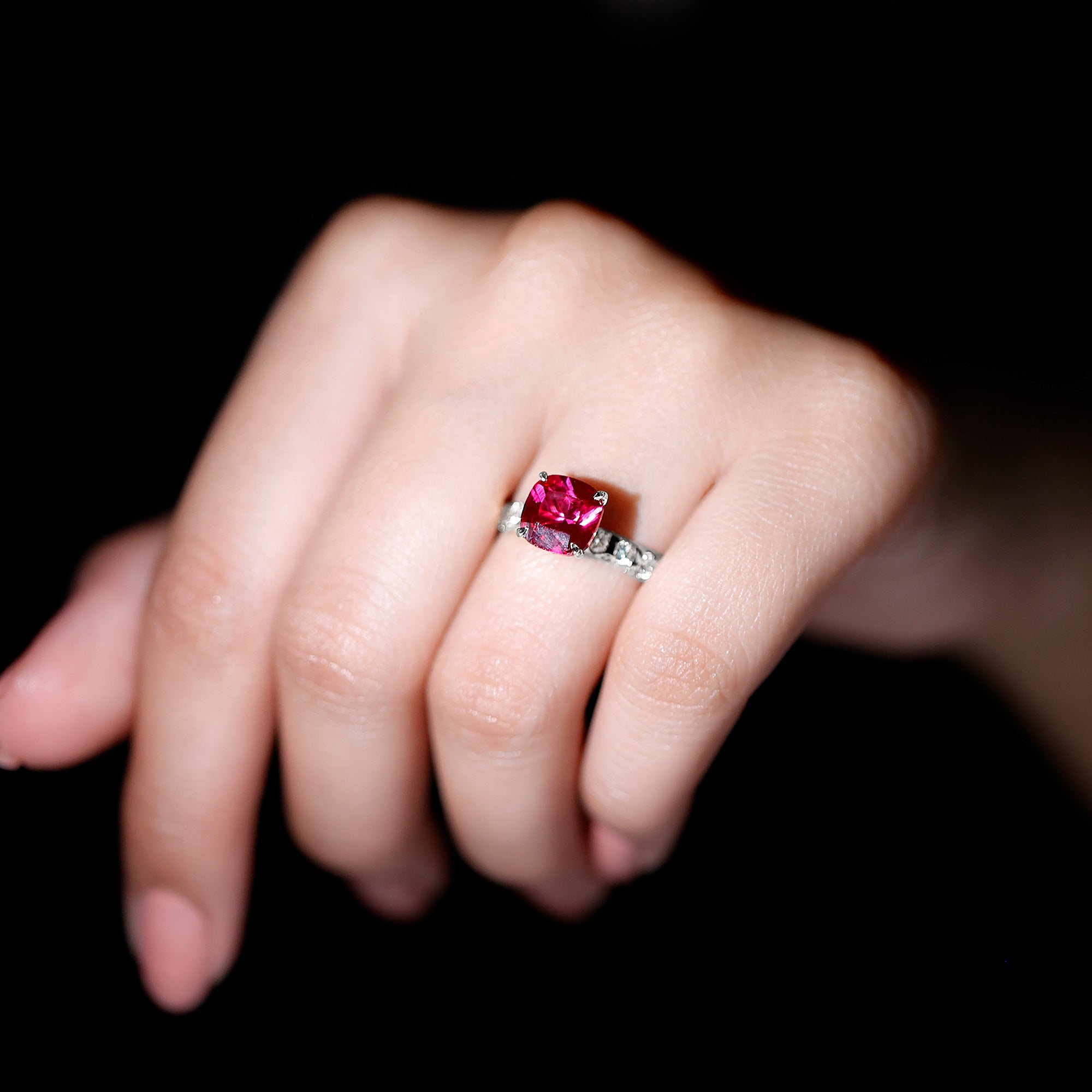 2 Carat Cushion Cut Lab Created Ruby Engagement Ring with Diamond Side Stones AAAA - Rosec Jewels