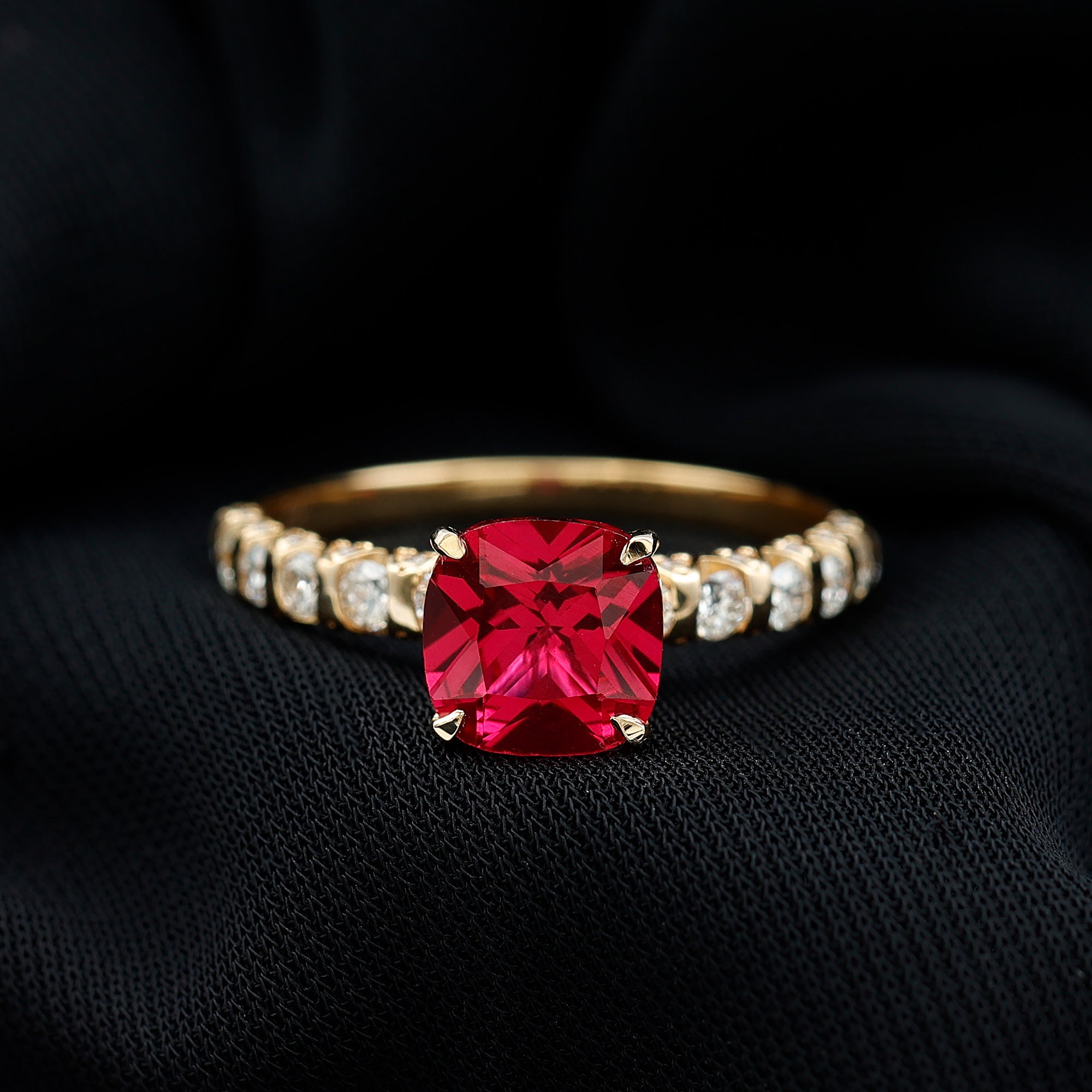2 Carat Cushion Cut Lab Created Ruby Engagement Ring with Diamond Side Stones AAAA - Rosec Jewels