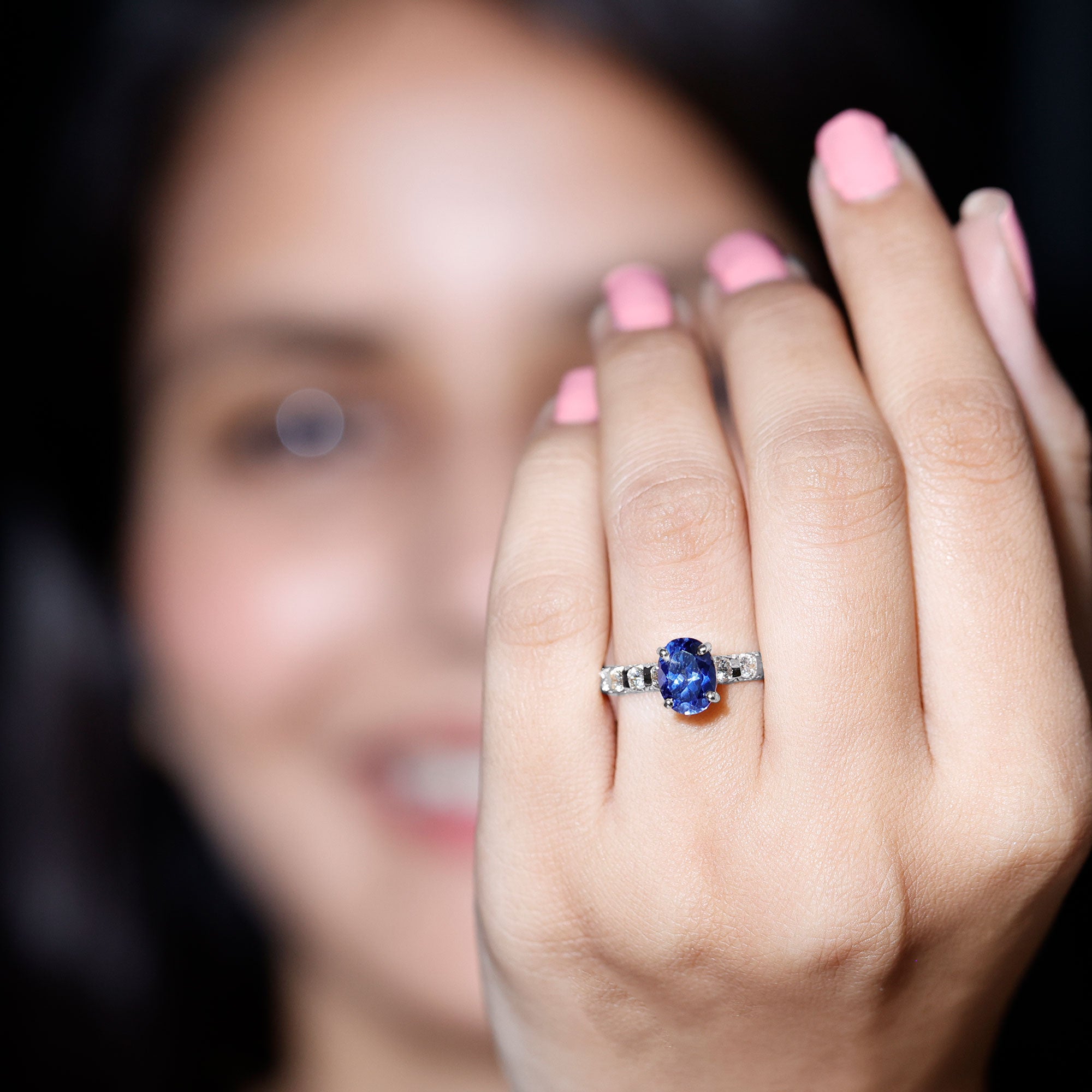 Certified 1.5 Carat Oval Lab Grown Blue Sapphire Engagement Ring with Diamond AAAA - Rosec Jewels