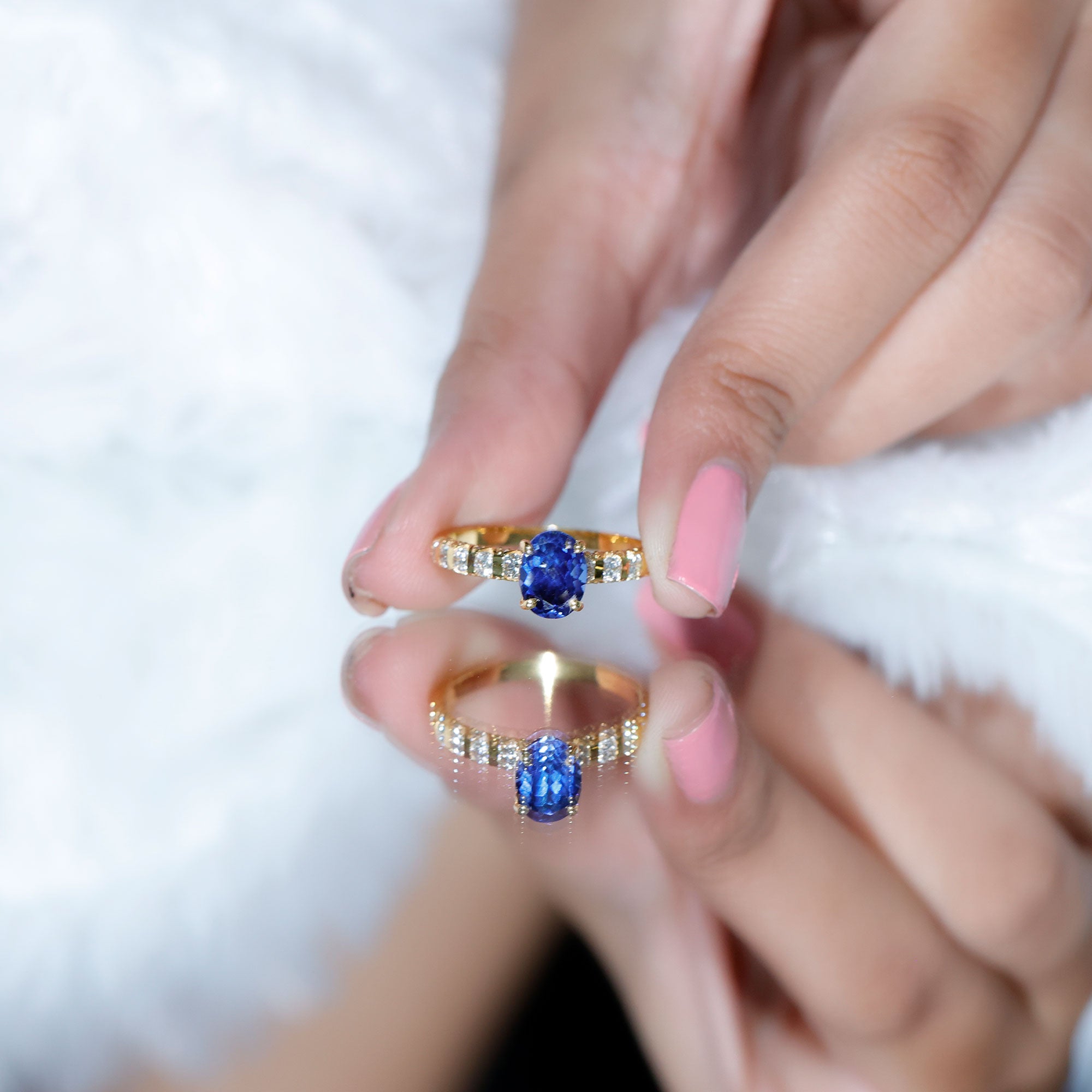 Certified 1.5 Carat Oval Lab Grown Blue Sapphire Engagement Ring with Diamond AAAA - Rosec Jewels
