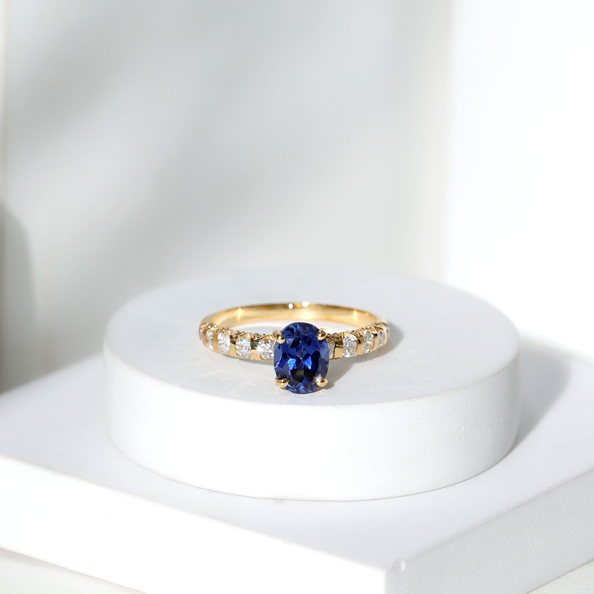 Certified 1.5 Carat Oval Lab Grown Blue Sapphire Engagement Ring with Diamond AAAA - Rosec Jewels