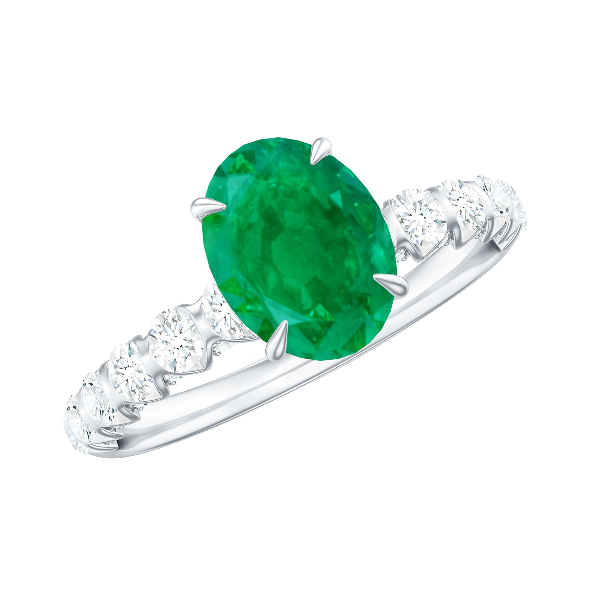 Rosec Jewels-Natural 6X8mm Emerald Oval Engagement Ring with Diamond Side Stones