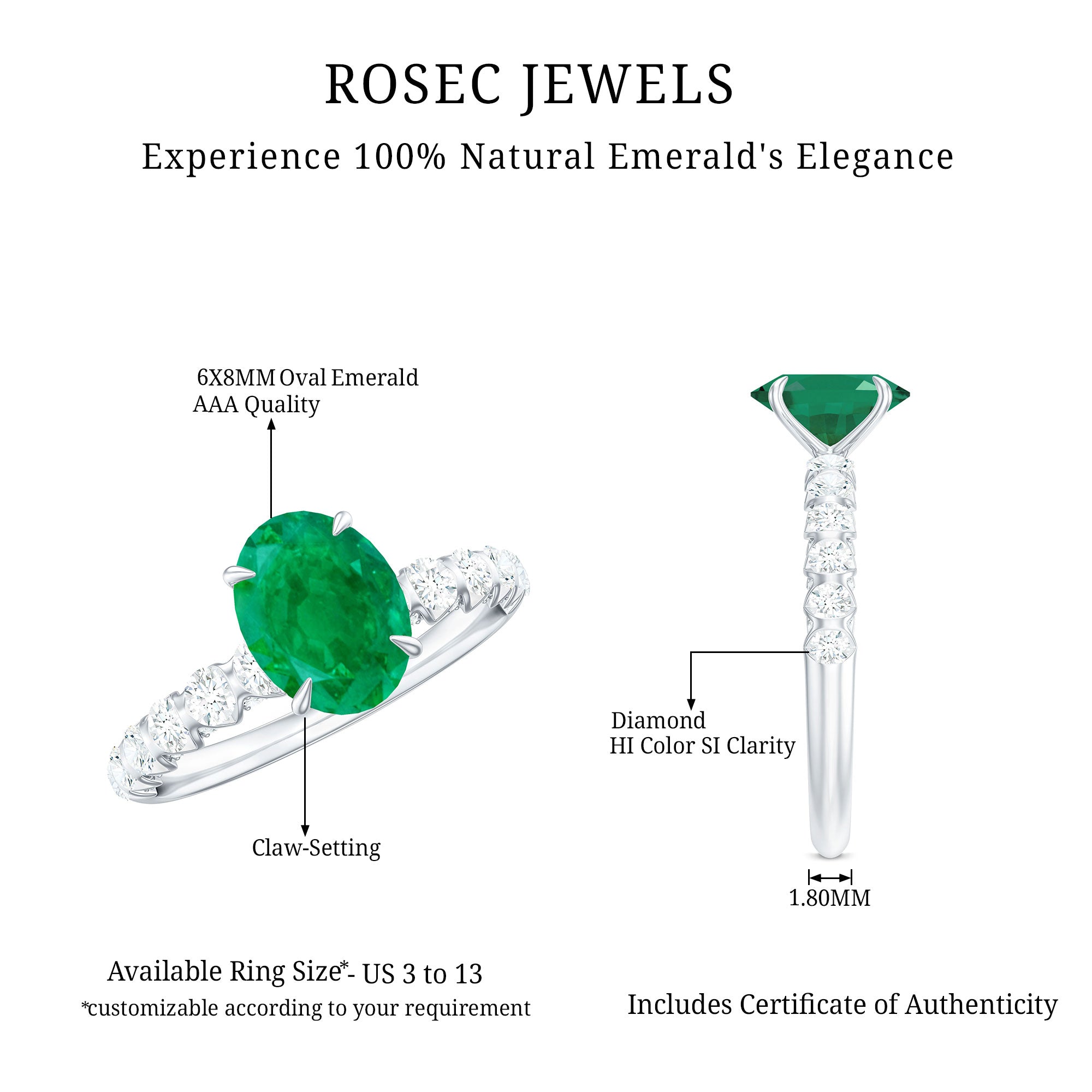 Rosec Jewels-Natural 6X8mm Emerald Oval Engagement Ring with Diamond Side Stones