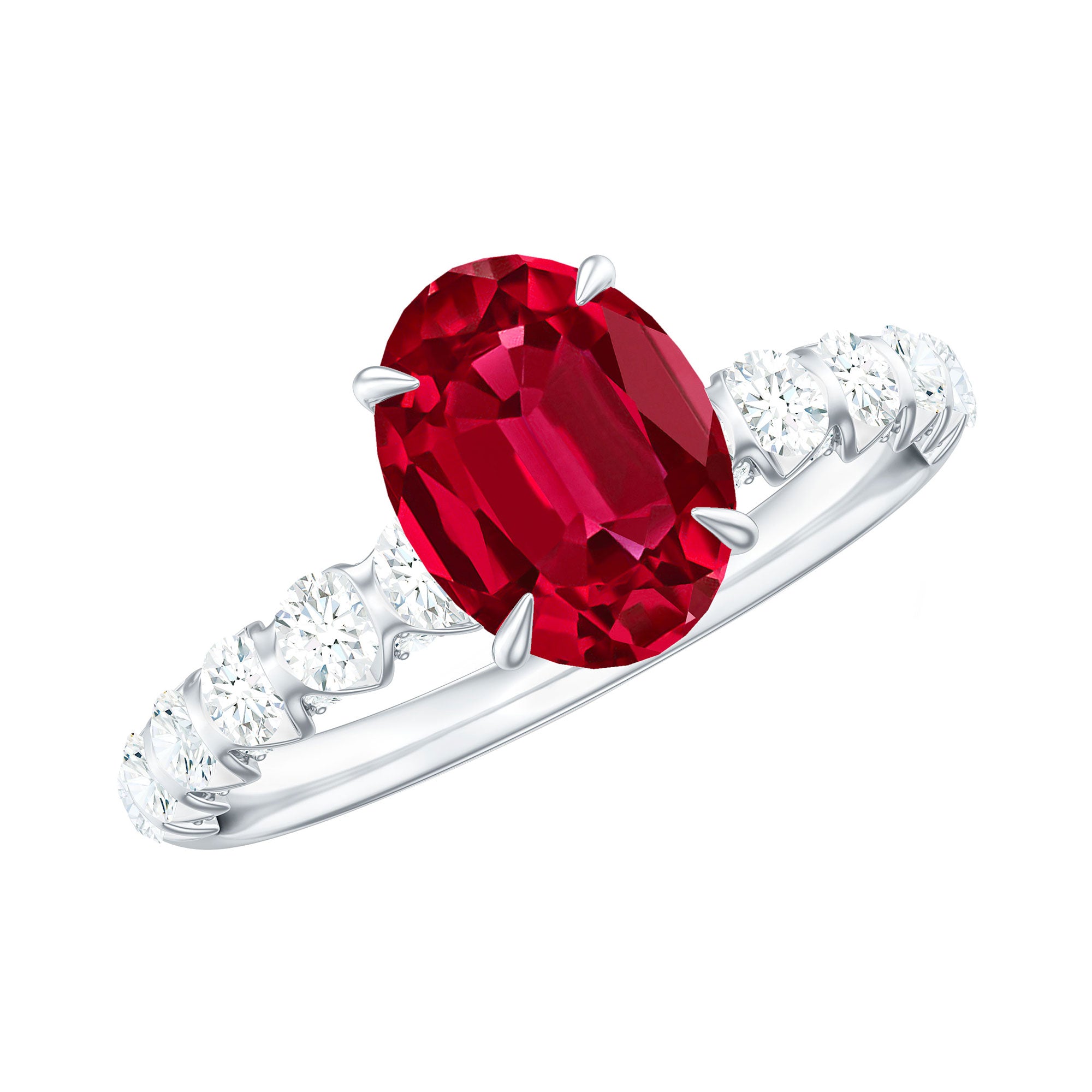 2.25 CT Oval Cut Created Ruby Solitaire Engagement Ring with Diamond Side Stones