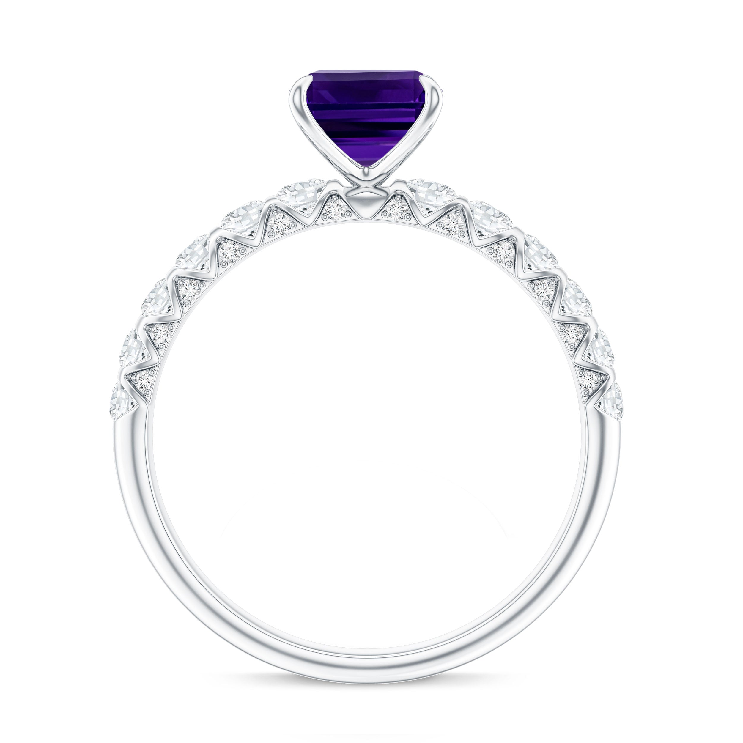 Real 1.4 Carat Amethyst Emerald Cut Engagement Ring with Diamond AAA - Rosec Jewels