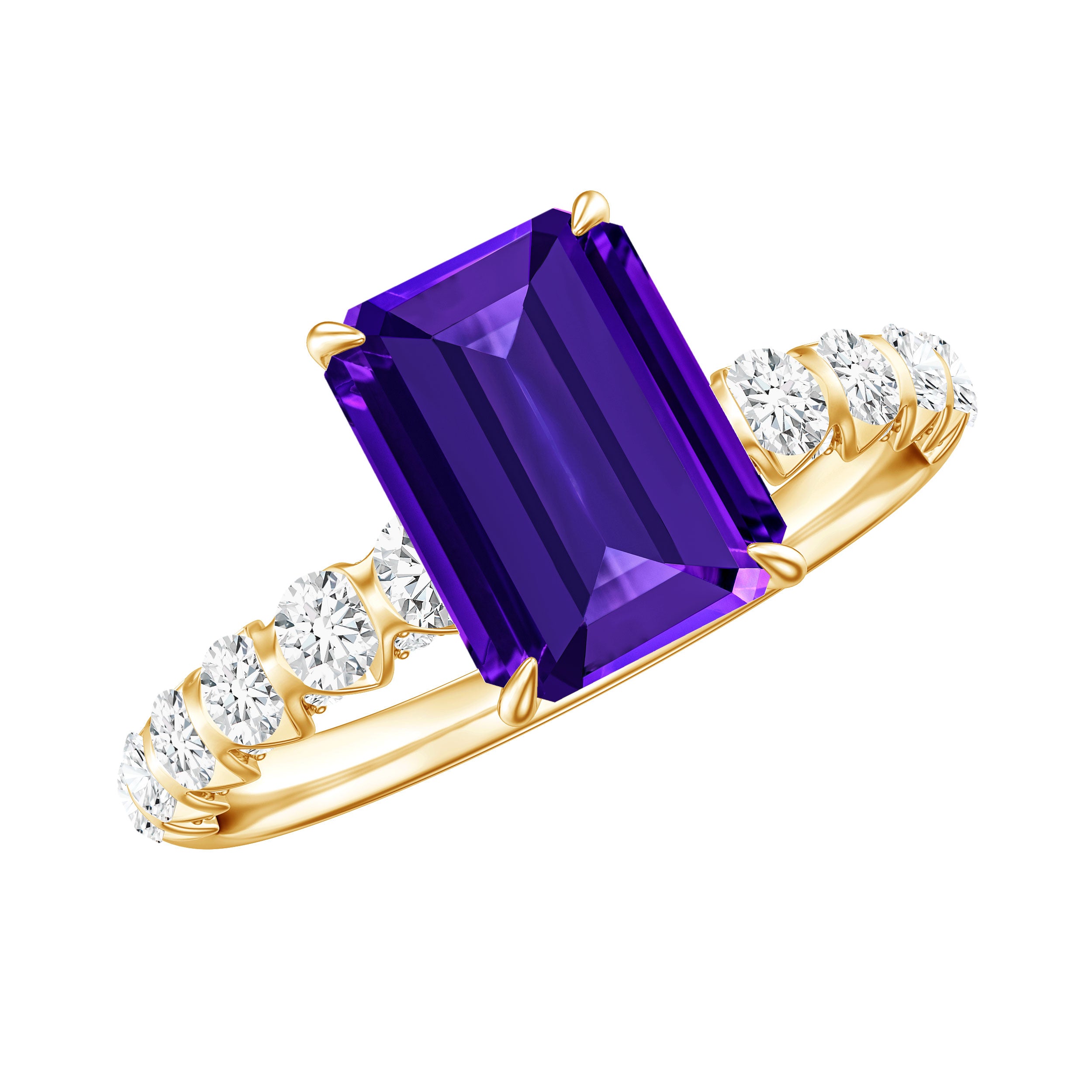 Real 1.4 Carat Amethyst Emerald Cut Engagement Ring with Diamond AAA - Rosec Jewels