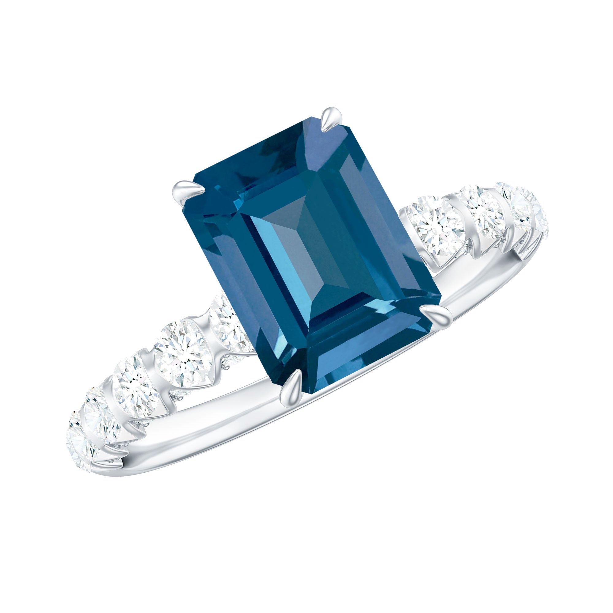 6X8mm Emerald Cut London Blue Topaz Engagement Ring with Diamond Side Stones AAA - Rosec Jewels