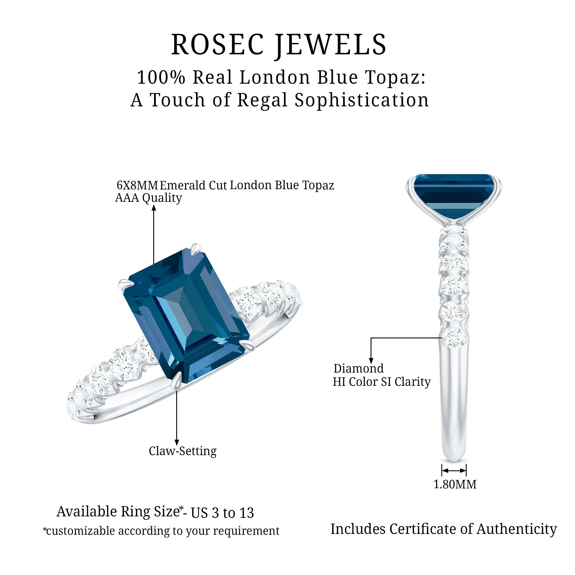 6X8mm Emerald Cut London Blue Topaz Engagement Ring with Diamond Side Stones AAA - Rosec Jewels