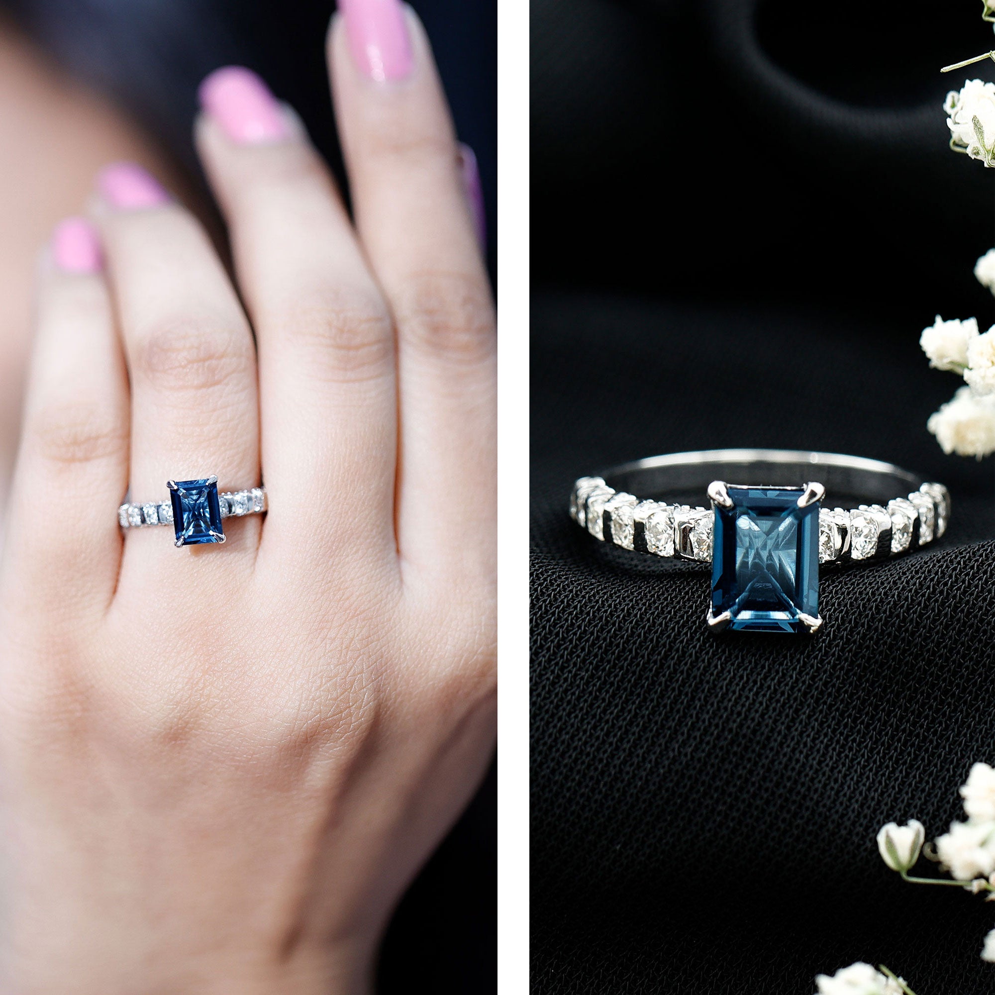 6X8mm Emerald Cut London Blue Topaz Engagement Ring with Diamond Side Stones AAA - Rosec Jewels