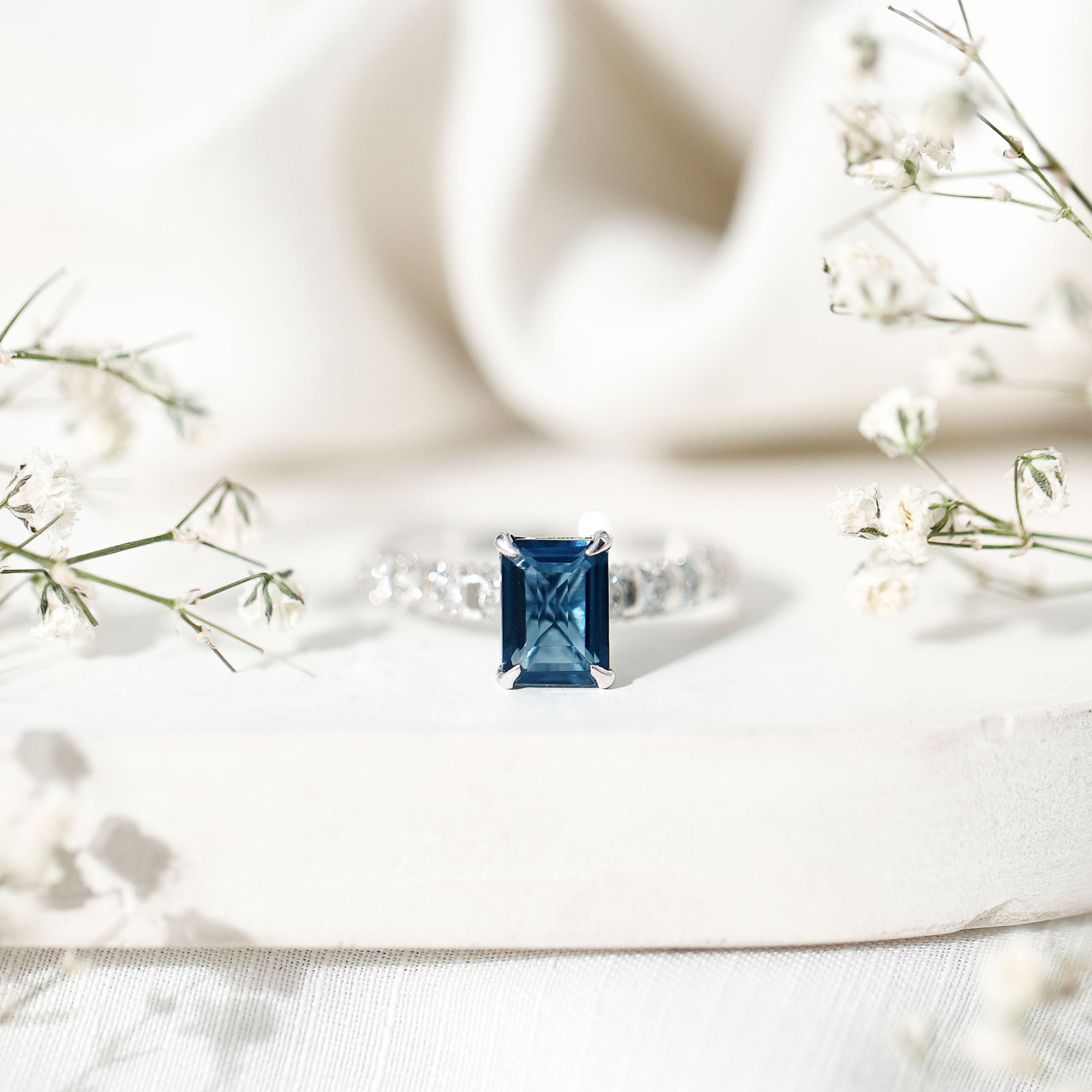 6X8mm Emerald Cut London Blue Topaz Engagement Ring with Diamond Side Stones AAA - Rosec Jewels