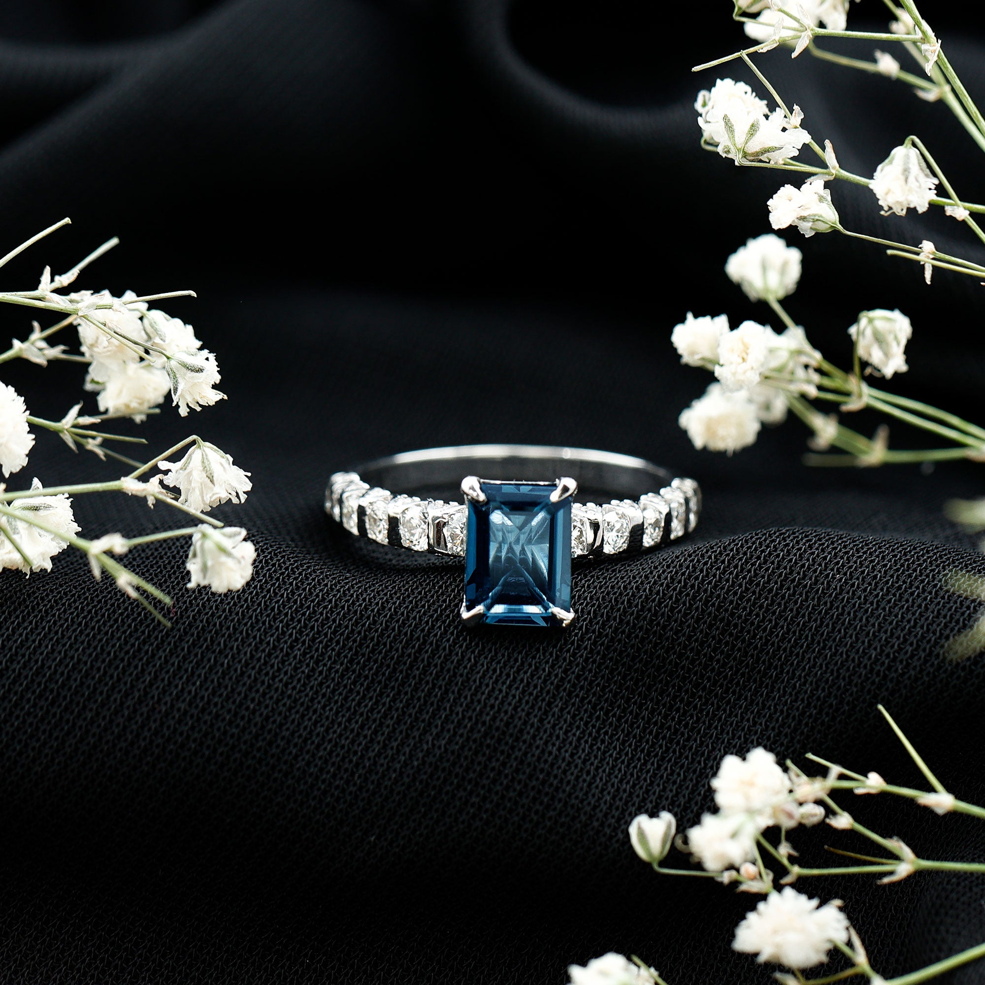 6X8mm Emerald Cut London Blue Topaz Engagement Ring with Diamond Side Stones AAA - Rosec Jewels