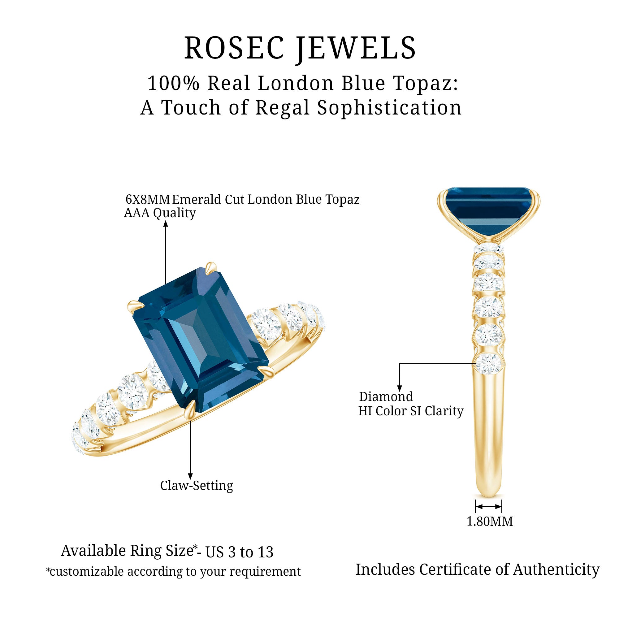 6X8mm Emerald Cut London Blue Topaz Engagement Ring with Diamond Side Stones AAA - Rosec Jewels