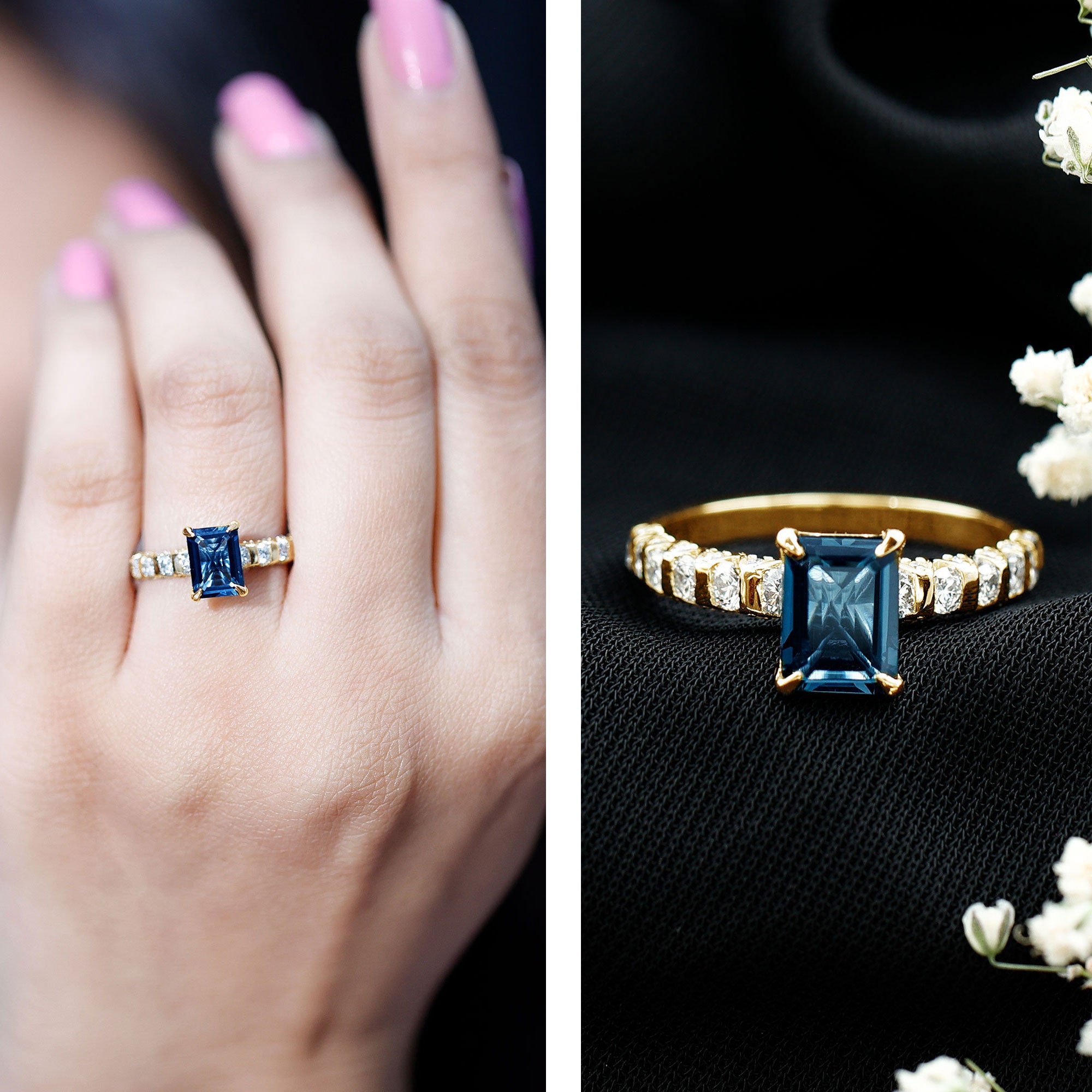 2.25 Carat Emerald Cut London Blue Topaz Engagement Ring with Diamond Side Stones AAA - Rosec Jewels