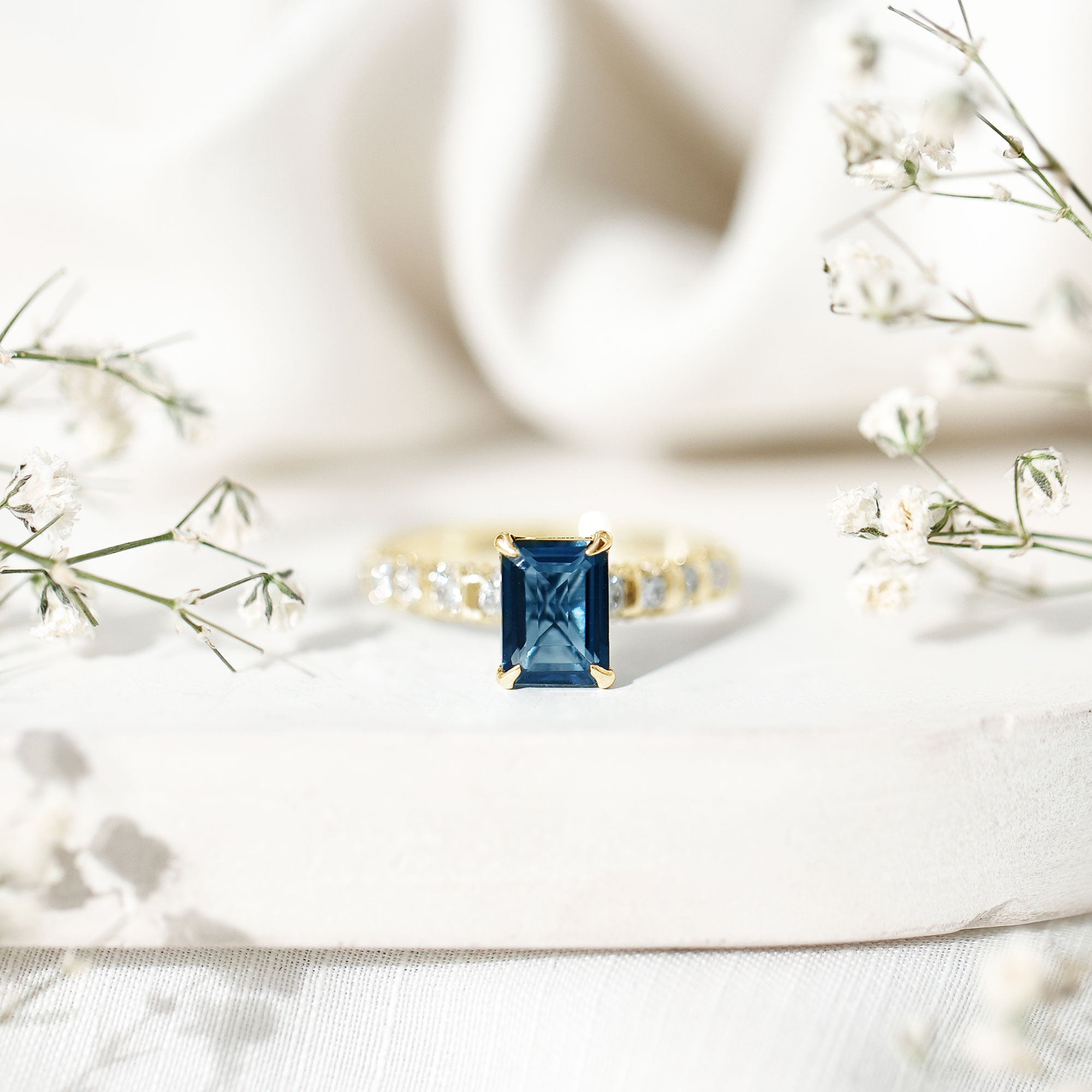 6X8mm Emerald Cut London Blue Topaz Engagement Ring with Diamond Side Stones AAA - Rosec Jewels