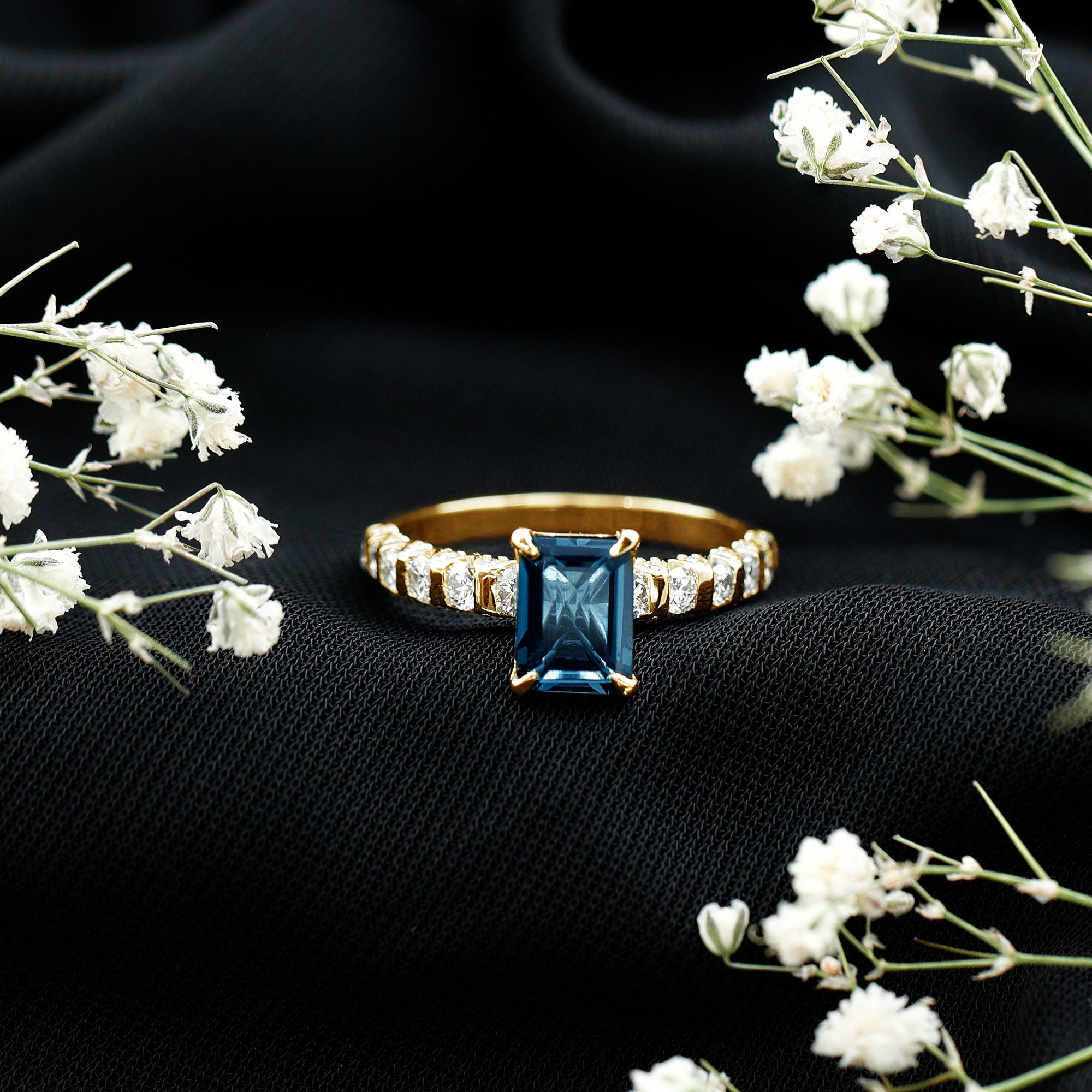 2.25 Carat Emerald Cut London Blue Topaz Engagement Ring with Diamond Side Stones AAA - Rosec Jewels