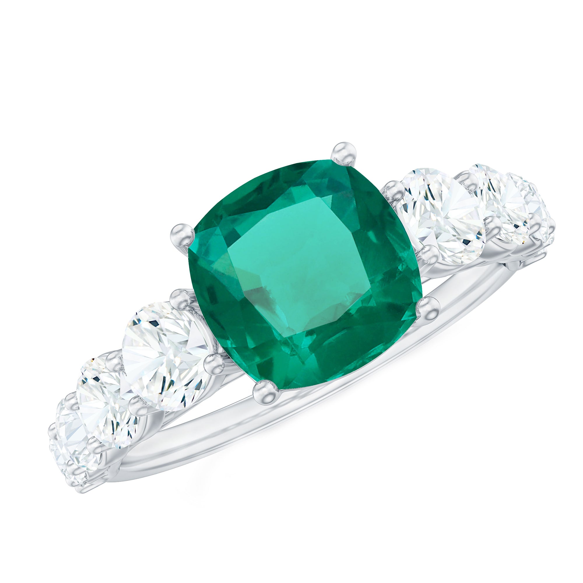 Lab Grown Emerald 2 Carat Cushion Engagement Ring with Moissanite Side Stones AAAA - Rosec Jewels