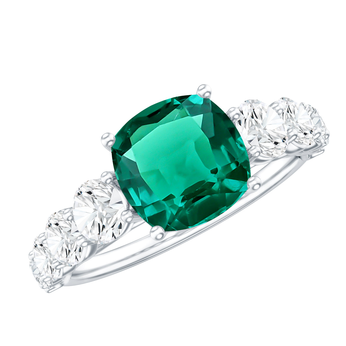 Lab Grown Emerald 2 Carat Cushion Engagement Ring with Moissanite Side Stones