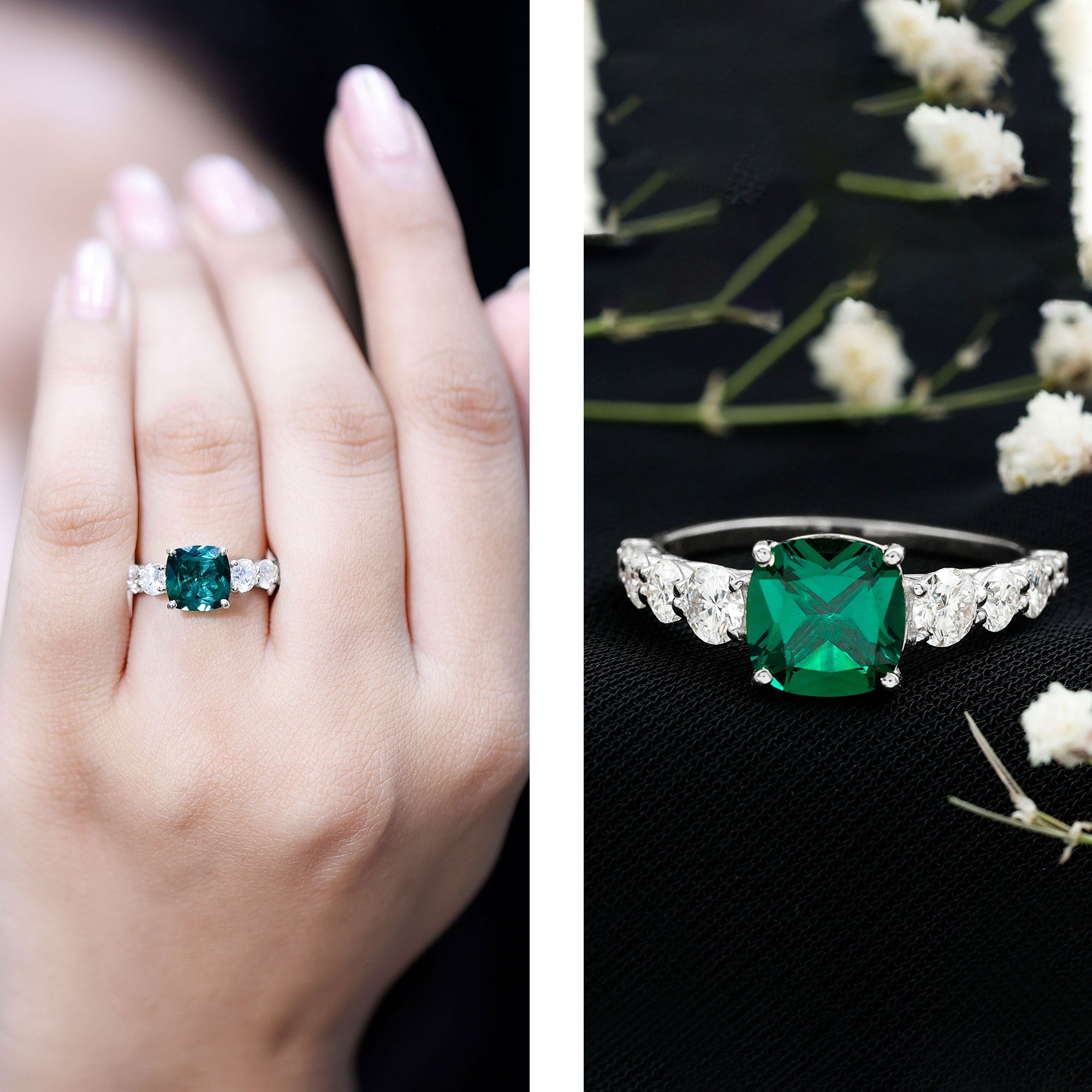 Lab Grown Emerald 2 Carat Cushion Engagement Ring with Moissanite Side Stones AAAA - Rosec Jewels
