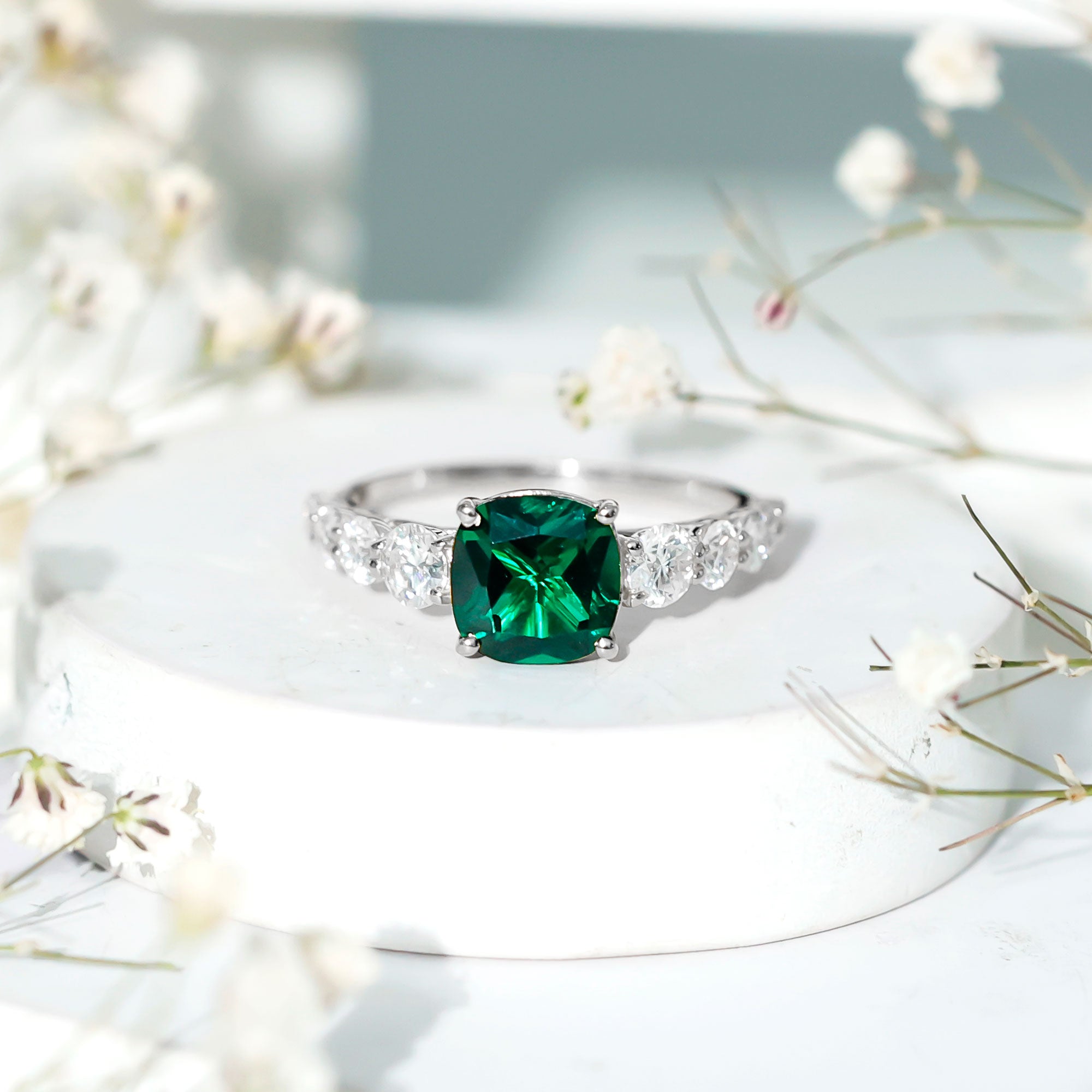 Lab Grown Emerald 2 Carat Cushion Engagement Ring with Moissanite Side Stones AAAA - Rosec Jewels