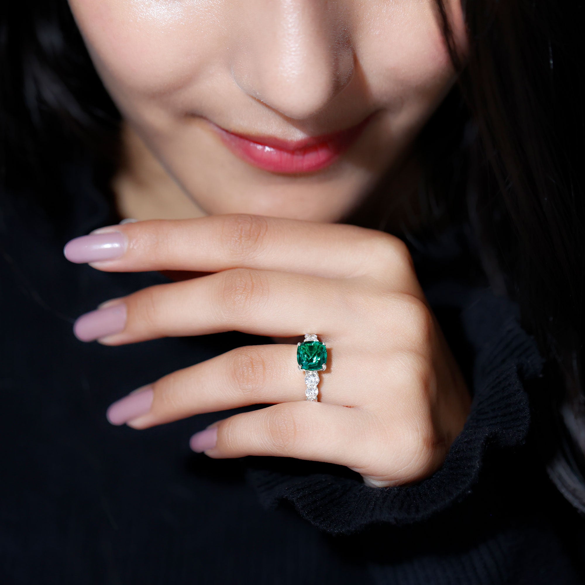 Lab Grown Emerald 2 Carat Cushion Engagement Ring with Moissanite Side Stones AAAA - Rosec Jewels