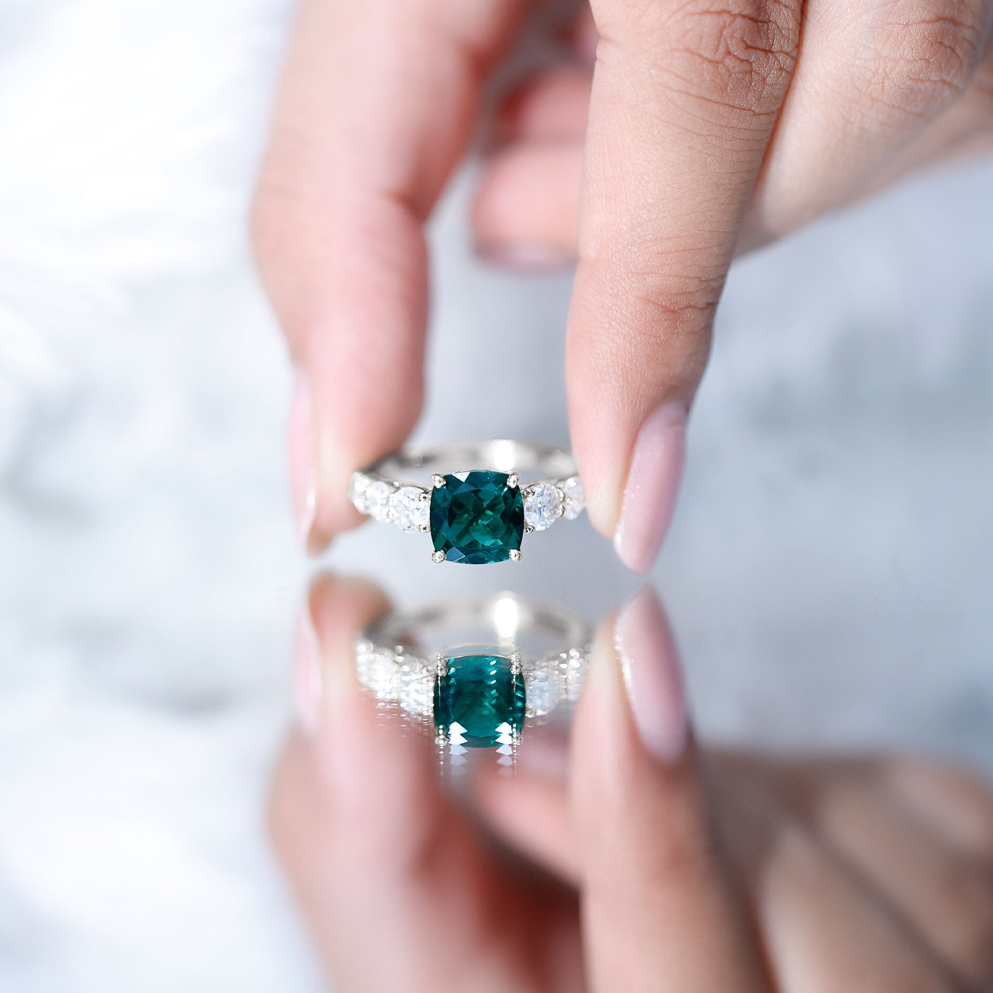 Lab Grown Emerald 2 Carat Cushion Engagement Ring with Moissanite Side Stones AAAA - Rosec Jewels