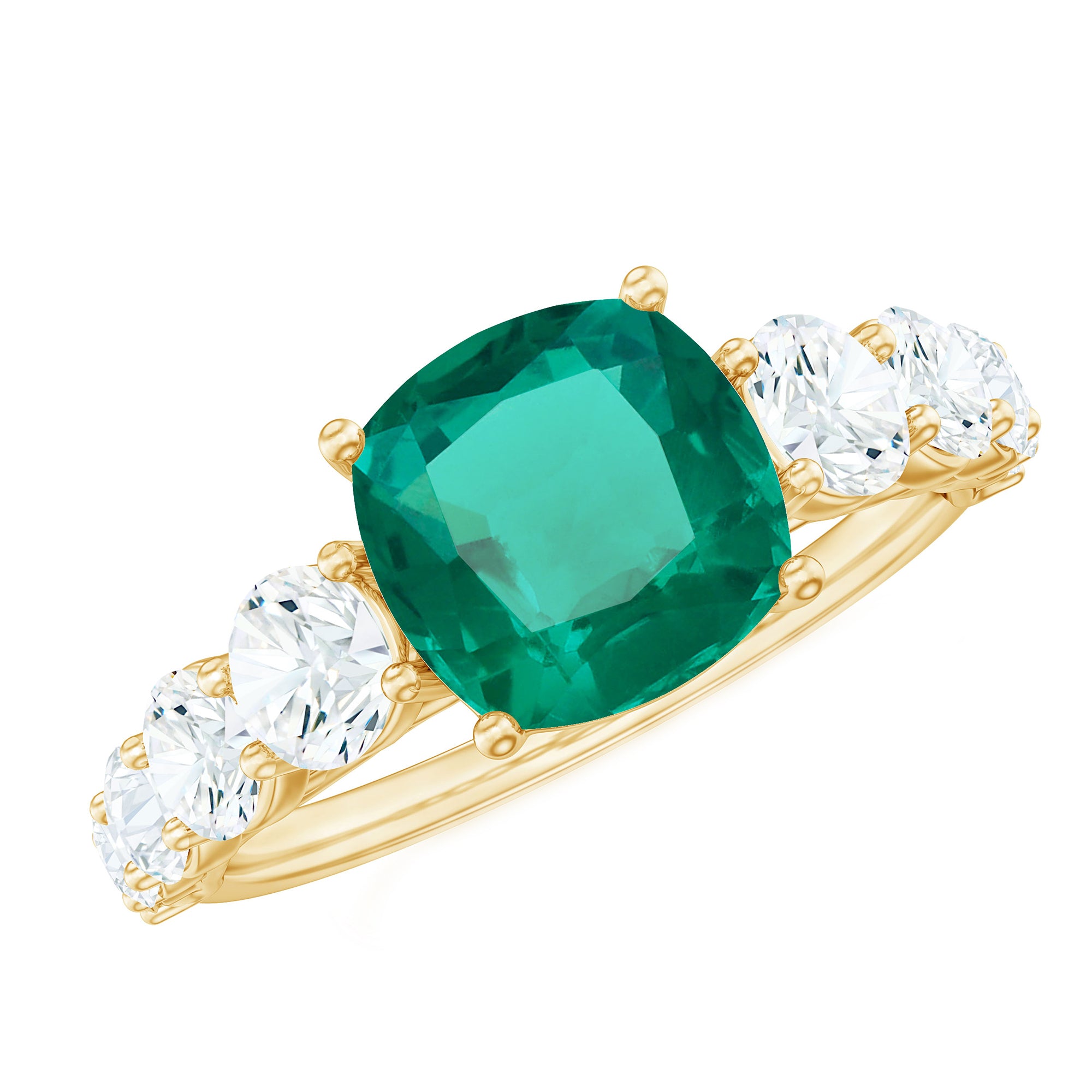 Lab Grown Emerald 2 Carat Cushion Engagement Ring with Moissanite Side Stones AAAA - Rosec Jewels