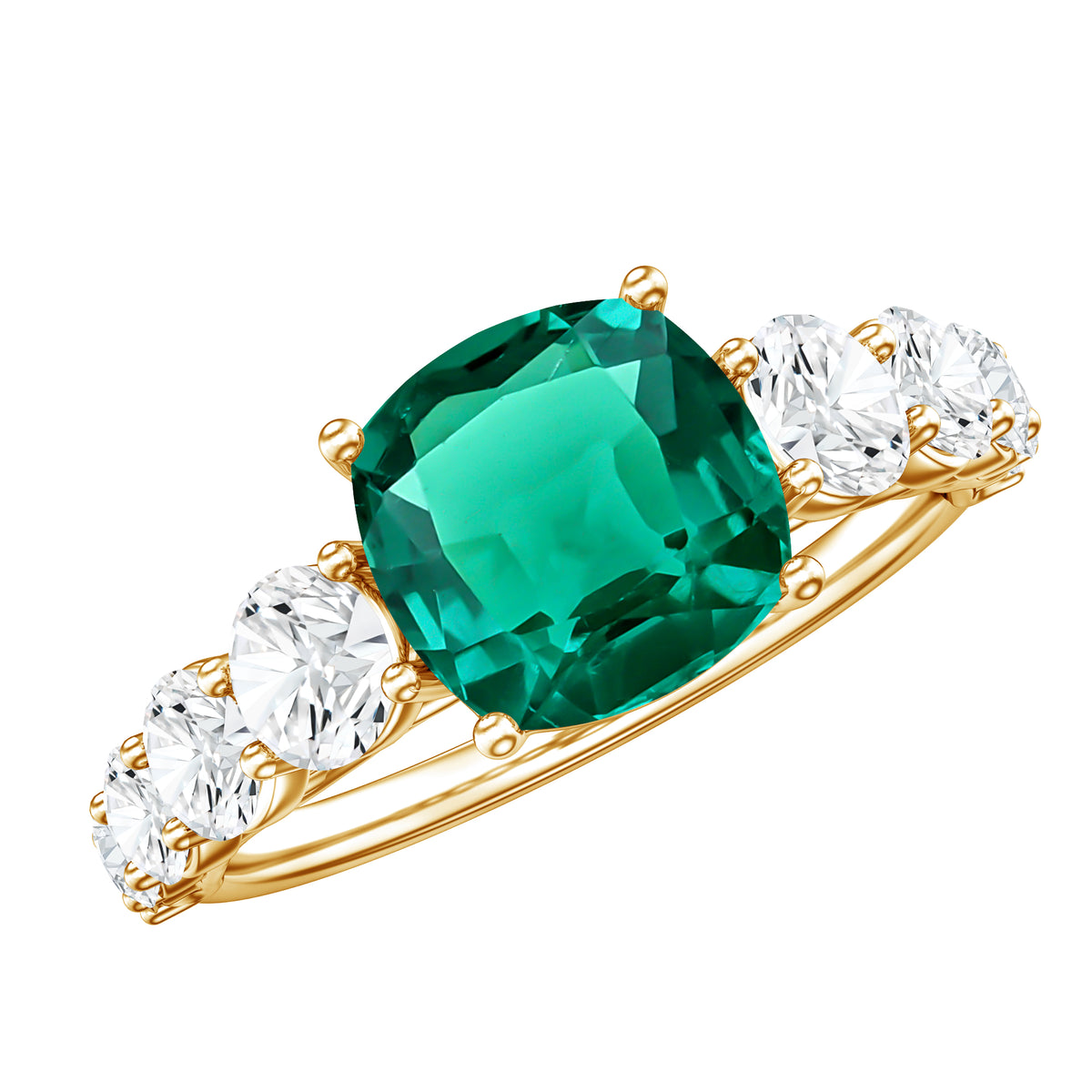 Lab Grown Emerald 2 Carat Cushion Engagement Ring with Moissanite Side Stones AAAA - Rosec Jewels