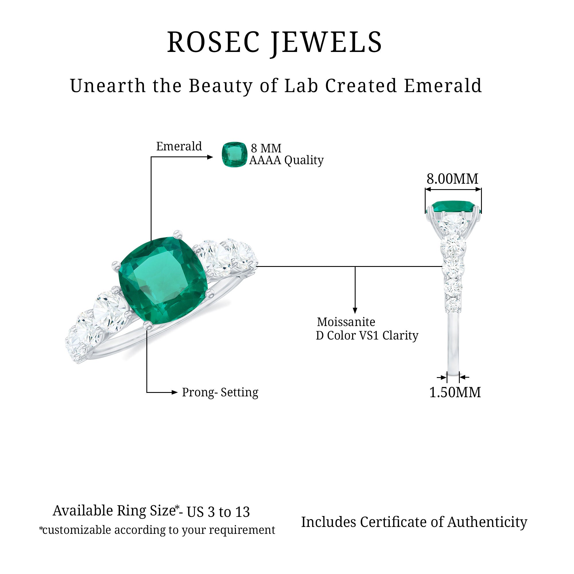 Lab Grown Emerald 2 Carat Cushion Engagement Ring with Moissanite Side Stones AAAA - Rosec Jewels