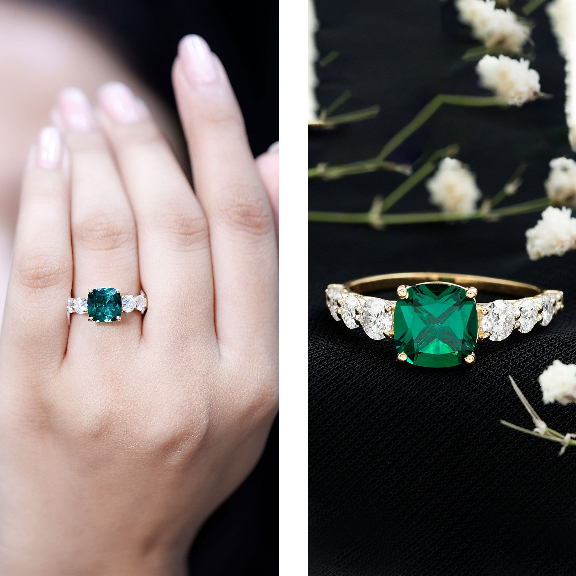 Lab Grown Emerald 2 Carat Cushion Engagement Ring with Moissanite Side Stones AAAA - Rosec Jewels