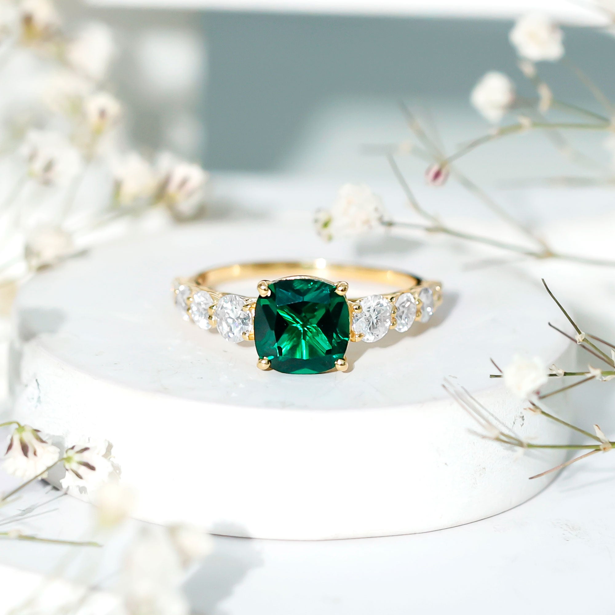 Lab Grown Emerald 2 Carat Cushion Engagement Ring with Moissanite Side Stones AAAA - Rosec Jewels