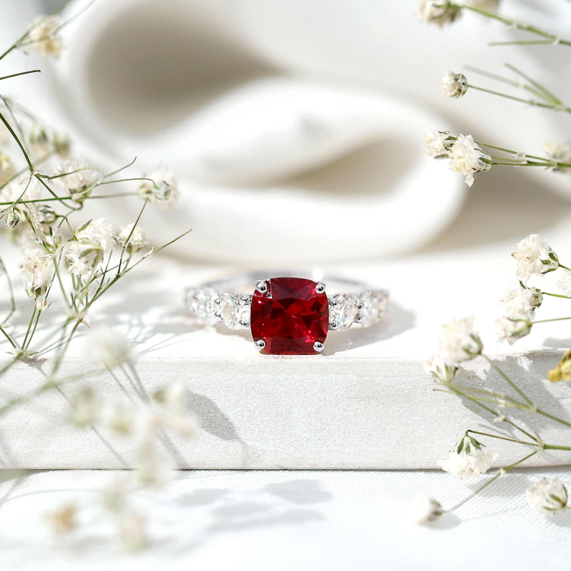 2 Carat Cushion Cut Lab Created Ruby Engagement Ring with Side Stones AAAA - Rosec Jewels