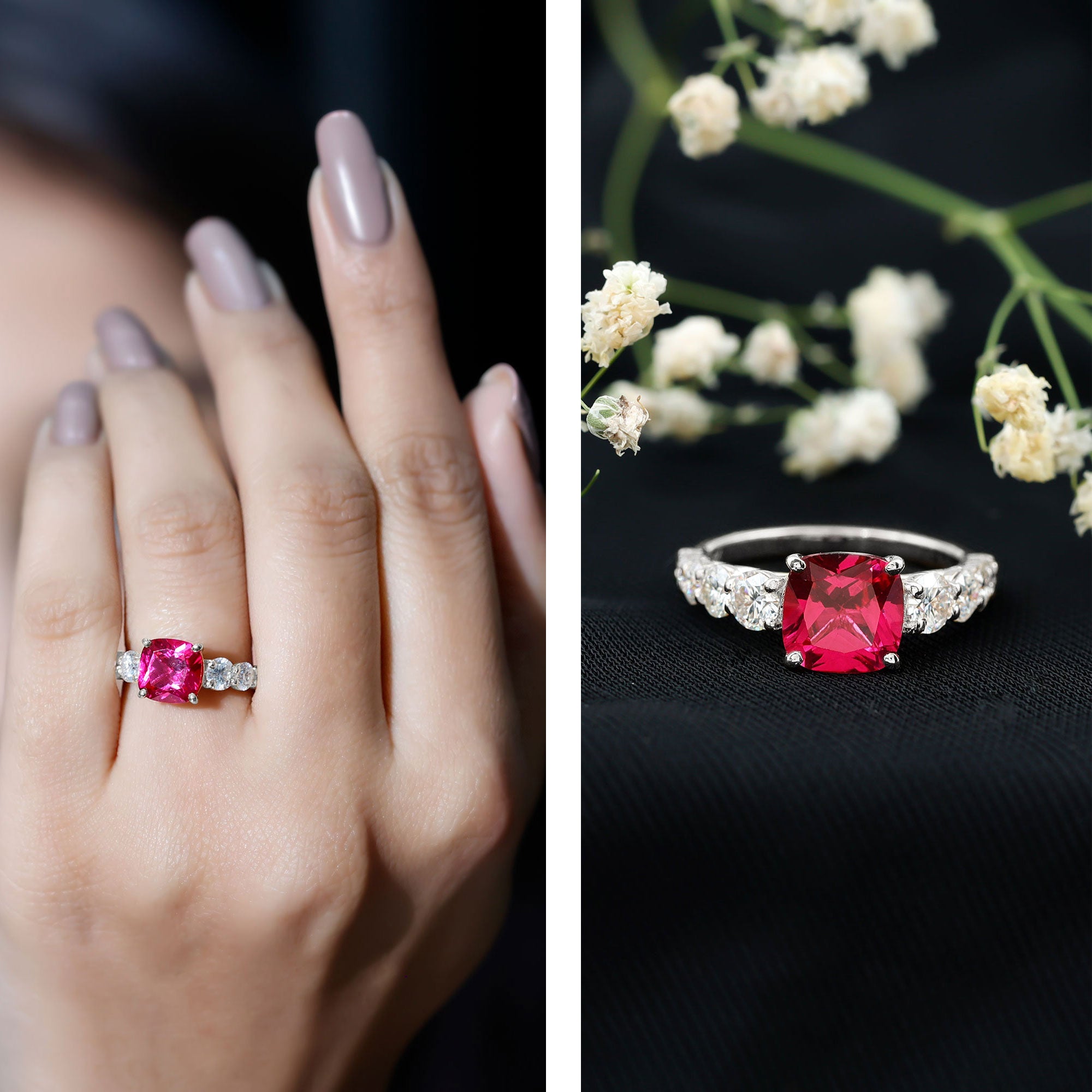2 Carat Cushion Cut Lab Created Ruby Engagement Ring with Side Stones AAAA - Rosec Jewels