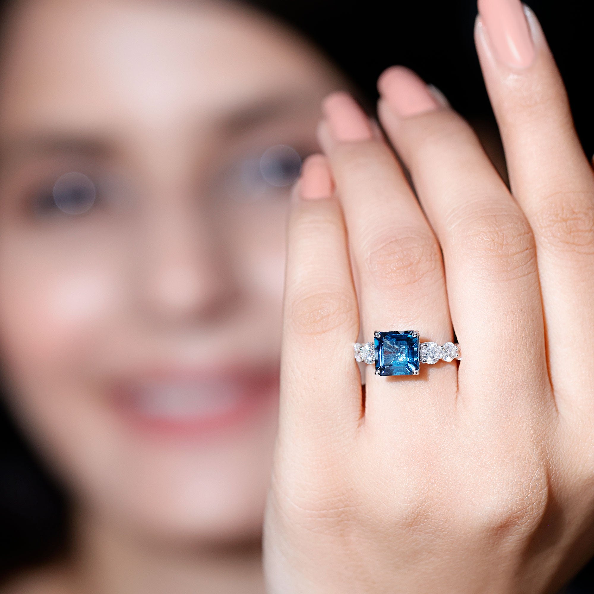 8mm Asscher Cut London Blue Topaz Solitaire Engagement Ring with Moissanite AAA - Rosec Jewels