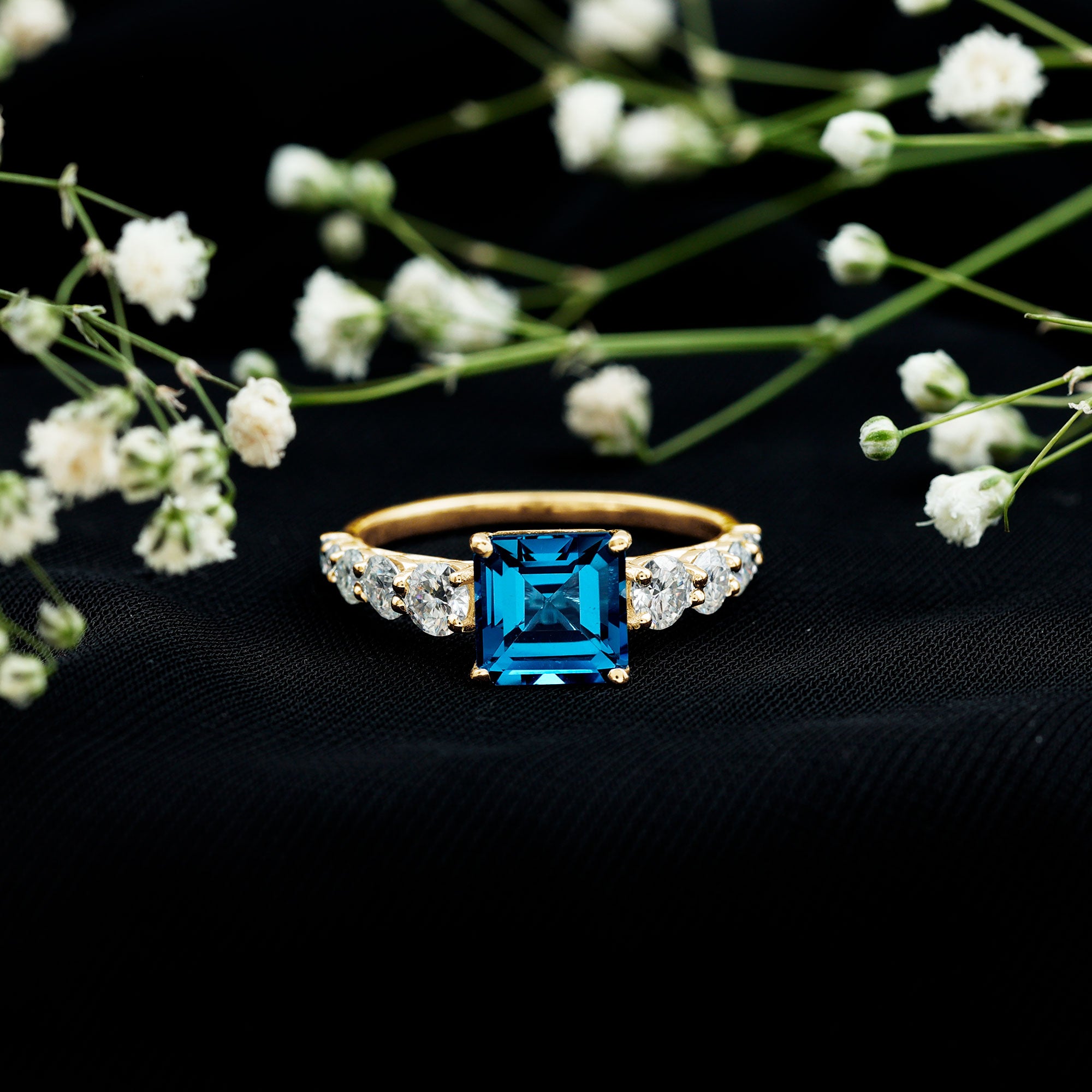 8mm Asscher Cut London Blue Topaz Solitaire Engagement Ring with Moissanite AAA - Rosec Jewels