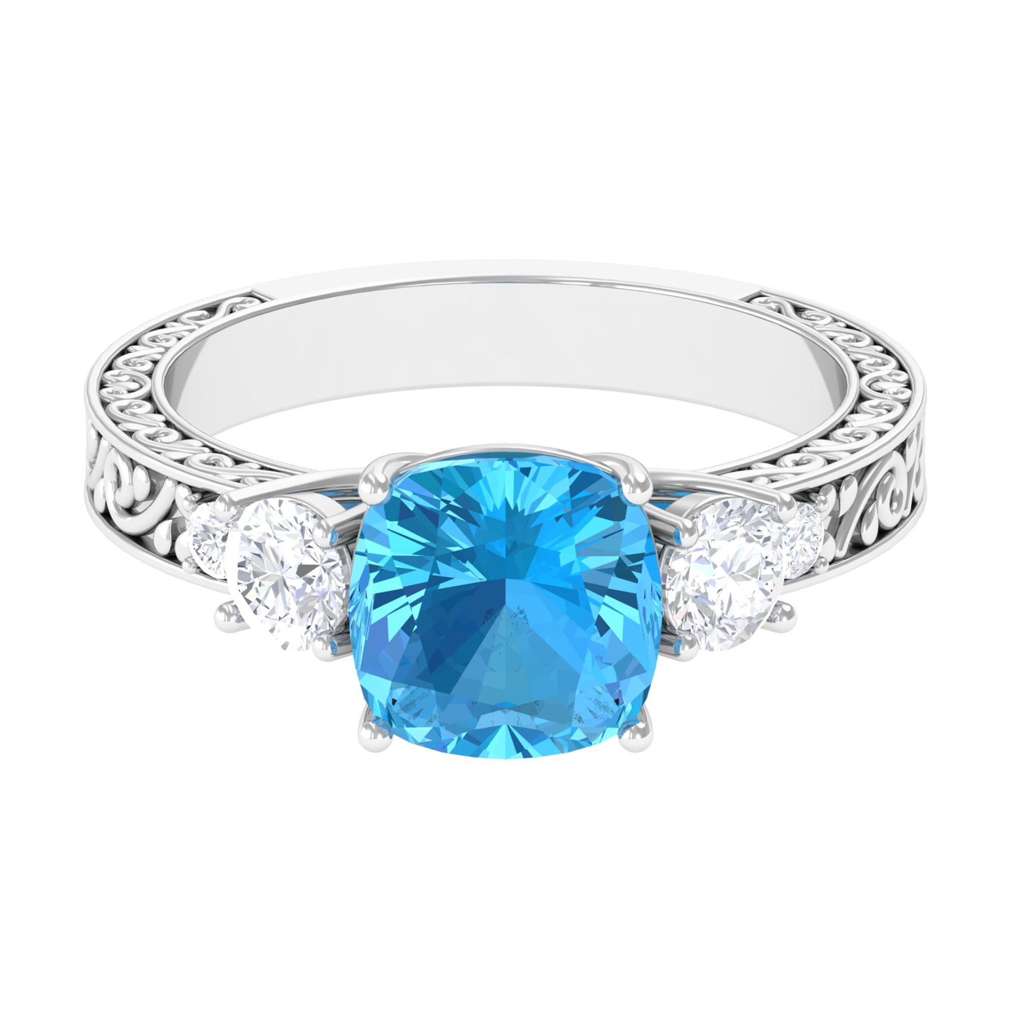 8 MM Three Stone Cushion Cut Swiss Blue Topaz Solitaire with Moissanite Engagement Ring