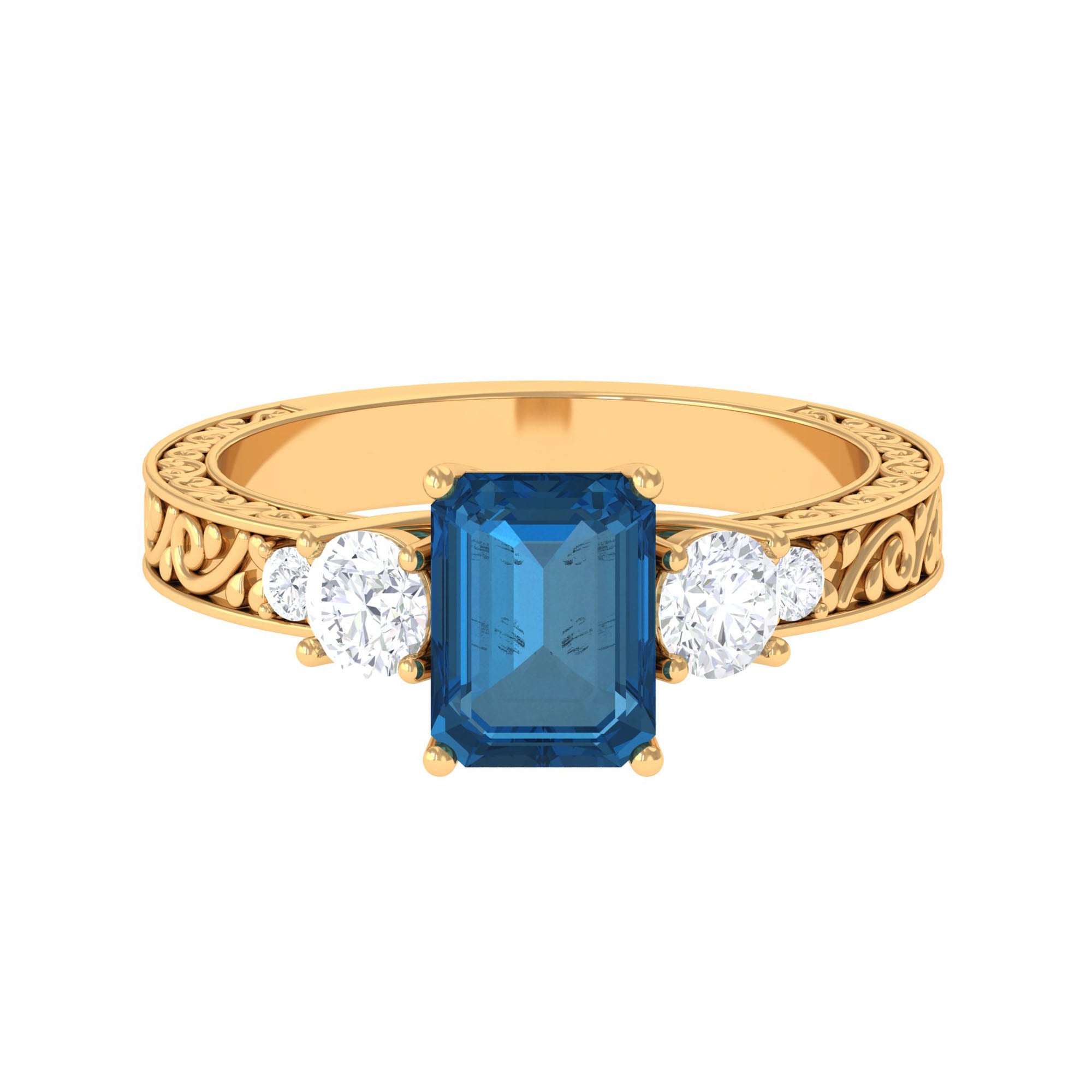 6X8mm Emerald Cut London Blue Topaz Statement Ring with Engraved Shank AAA - Rosec Jewels