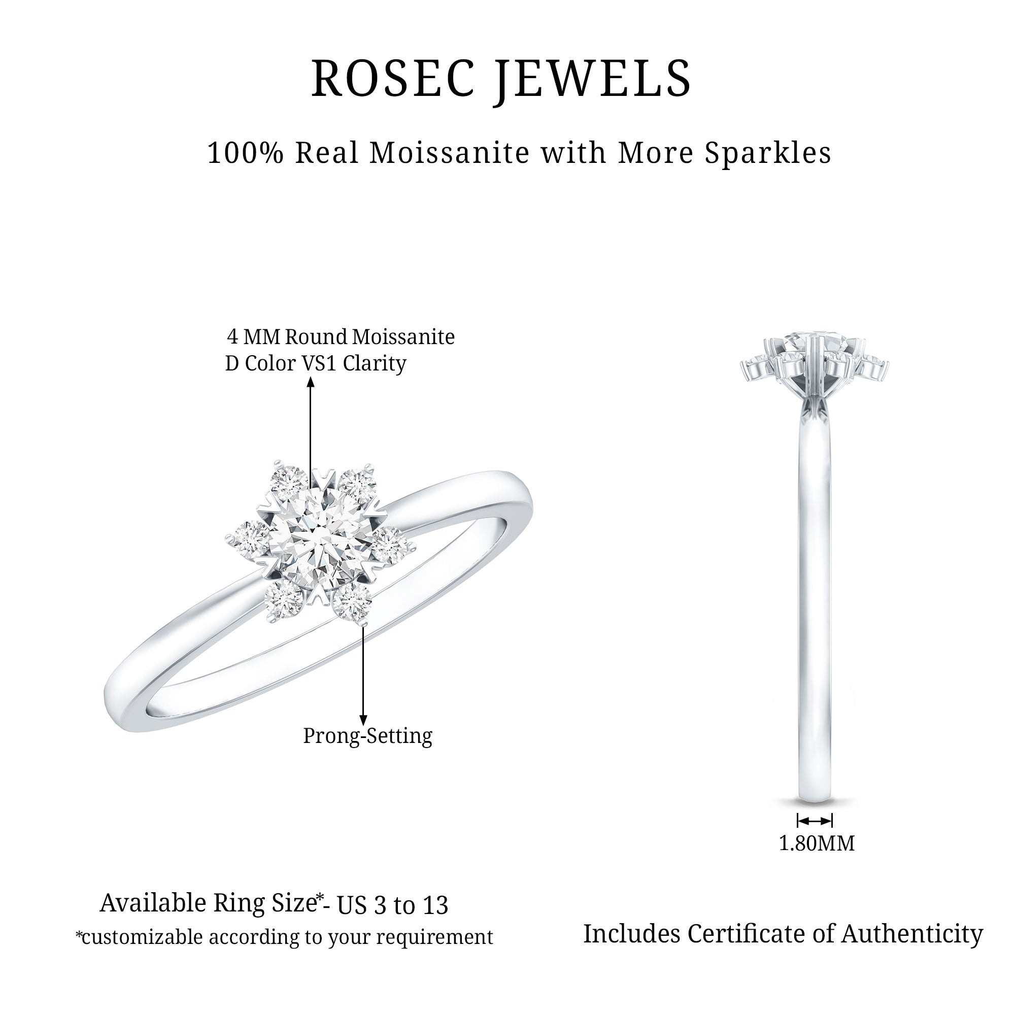 Round Moissanite Flower Promise Ring for Her D-VS1 - Rosec Jewels