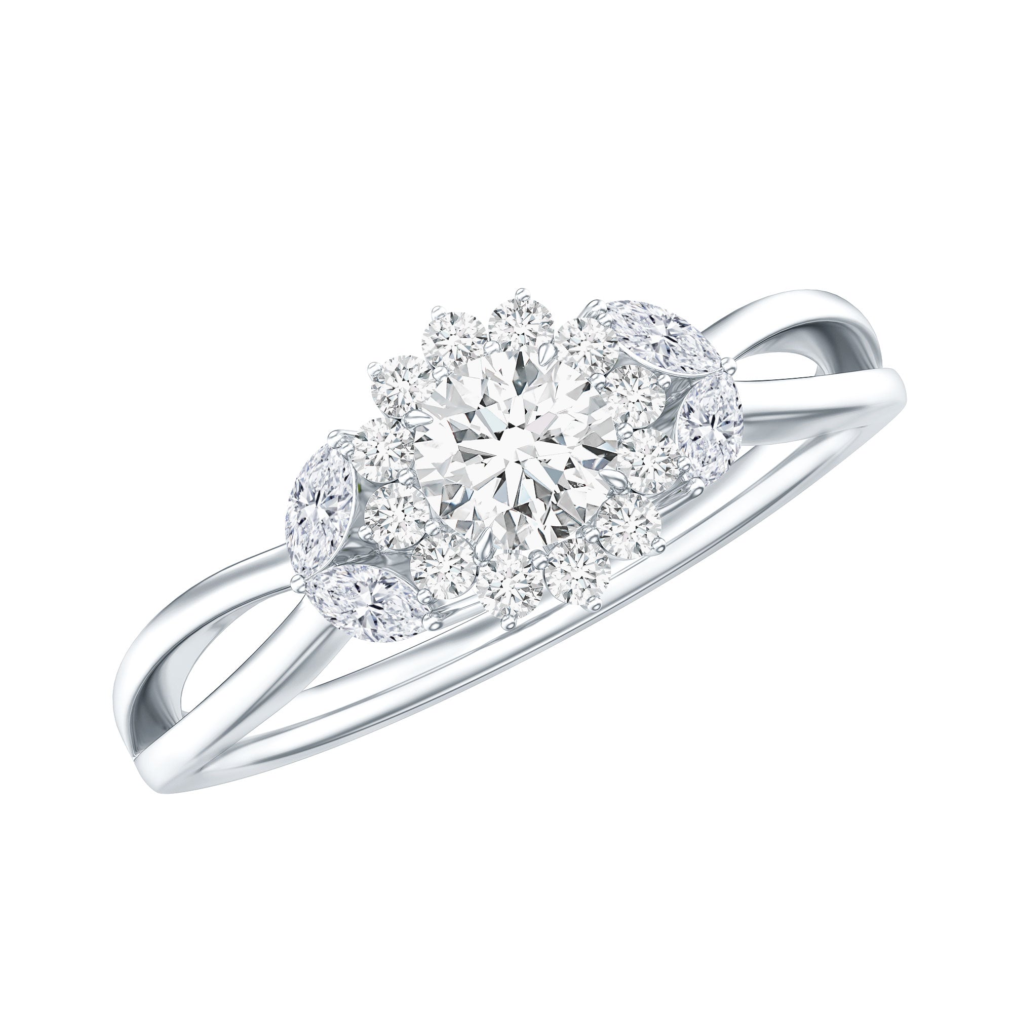 Diamond Flower Engagement Ring with Split Shank Natural - ( HI-SI ) - Rosec Jewels