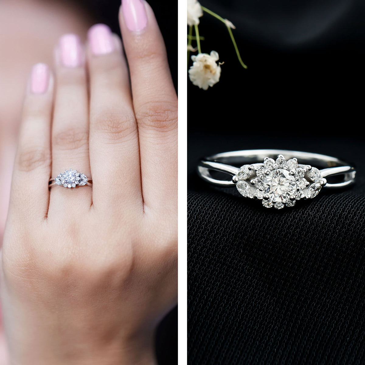 Diamond Flower Engagement Ring with Split Shank Natural - ( HI-SI ) - Rosec Jewels